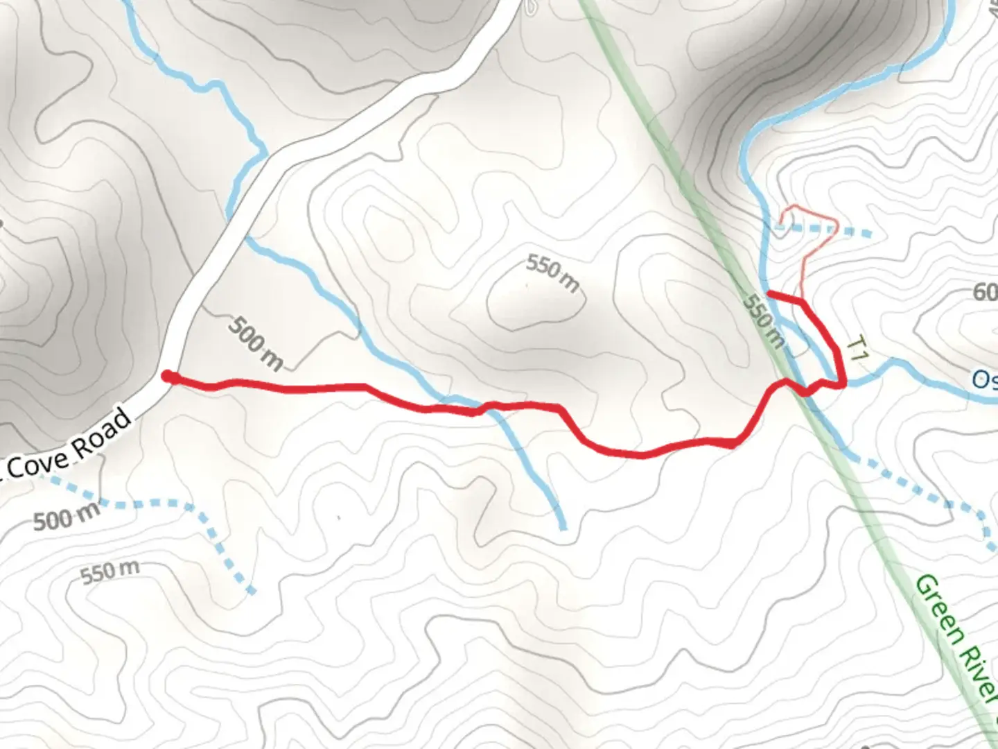An image depicting the trail Ostin Creek from Holbert Cove Road and its surrounding area.