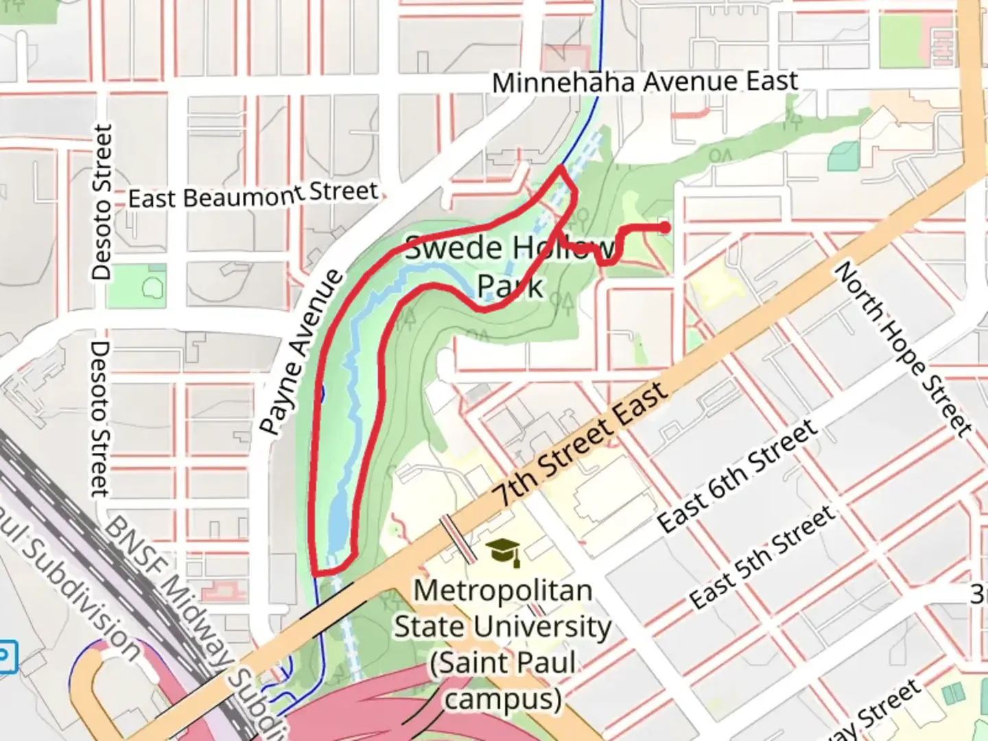 An image depicting the trail Swede Hollow Park Loop and its surrounding area.