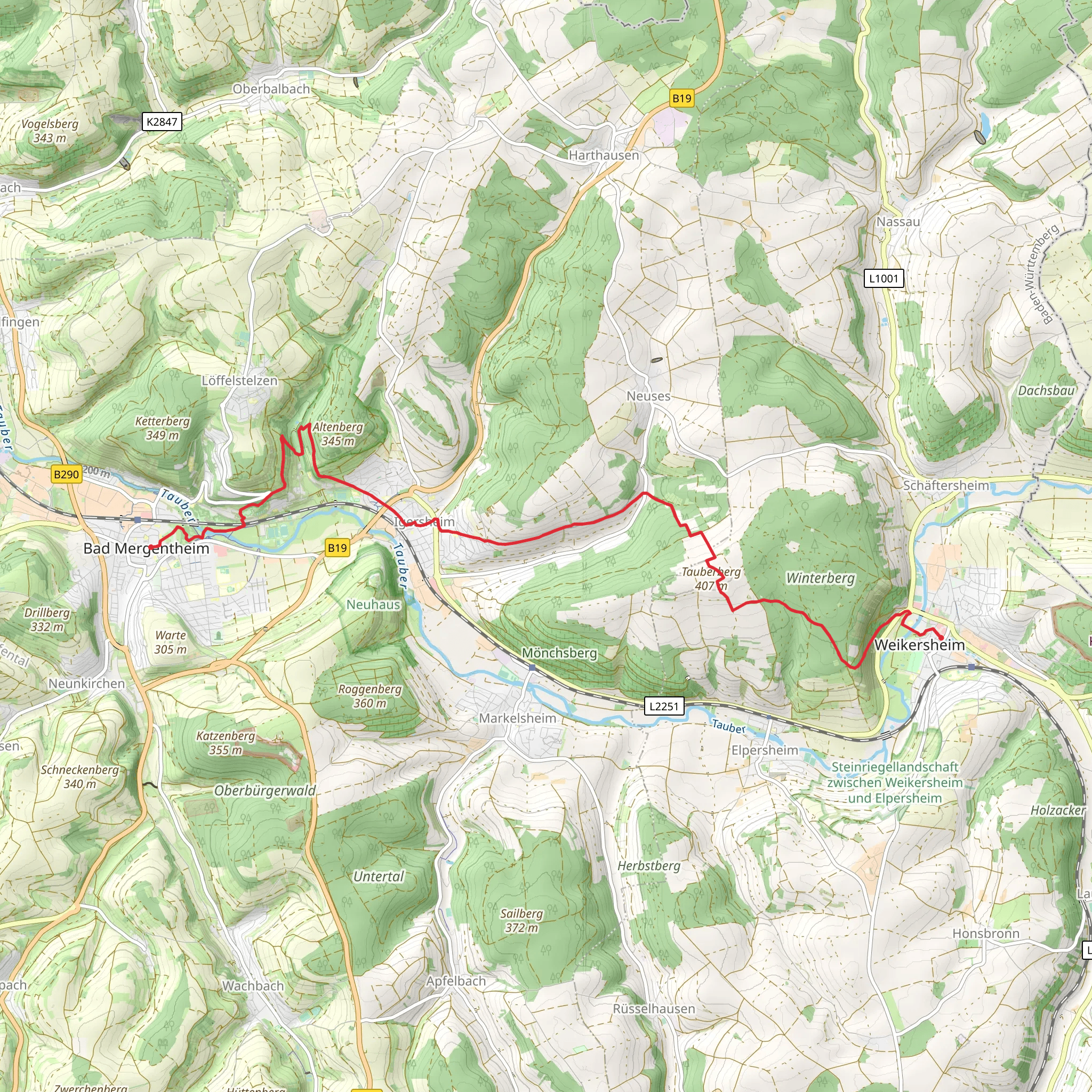 Weikersheim to Bad Mergentheim via Gebiets Wanderweg mobile static map