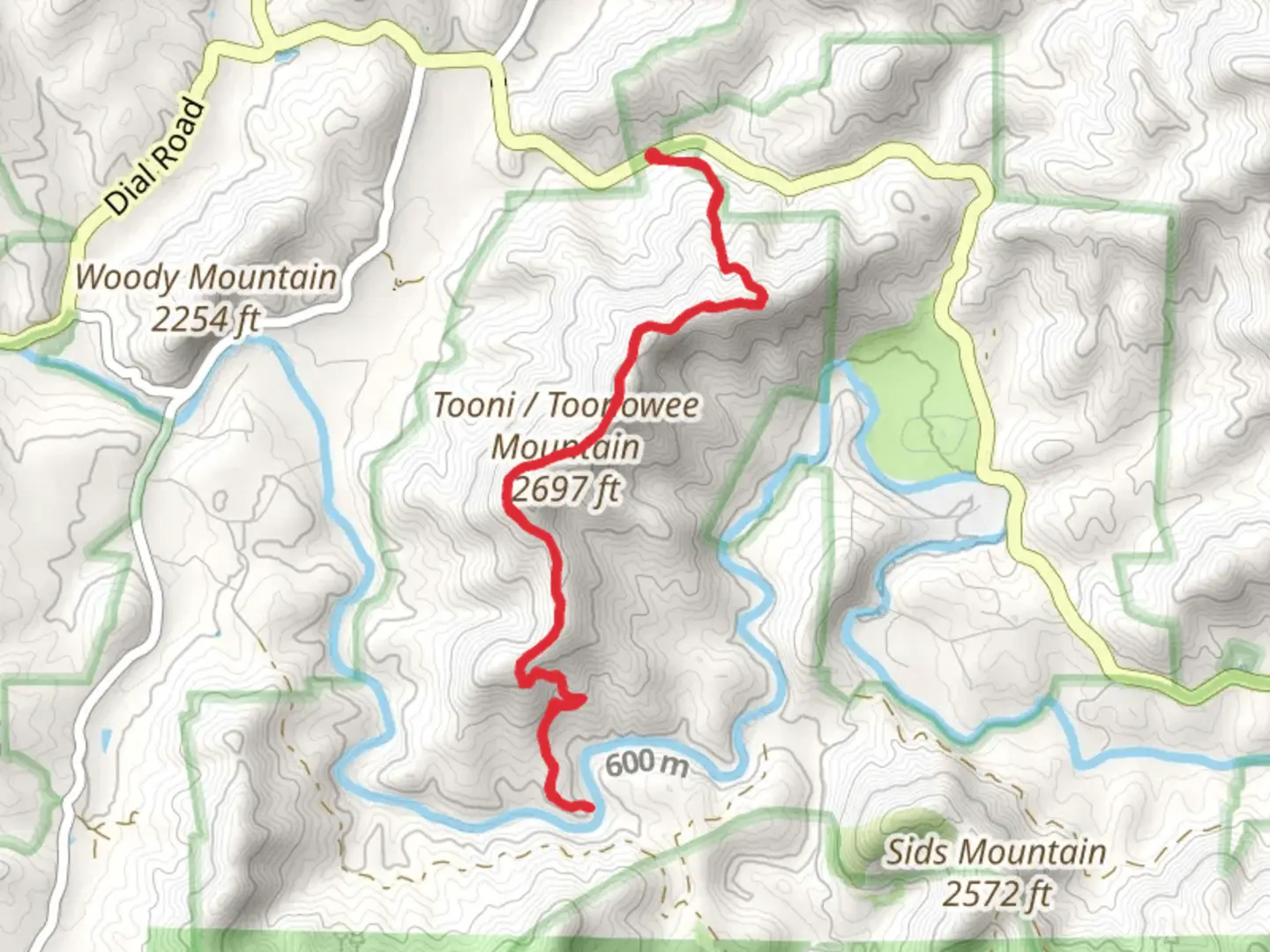 An image depicting the trail Tooni Mountain via Benton MacKaye Trail and its surrounding area.