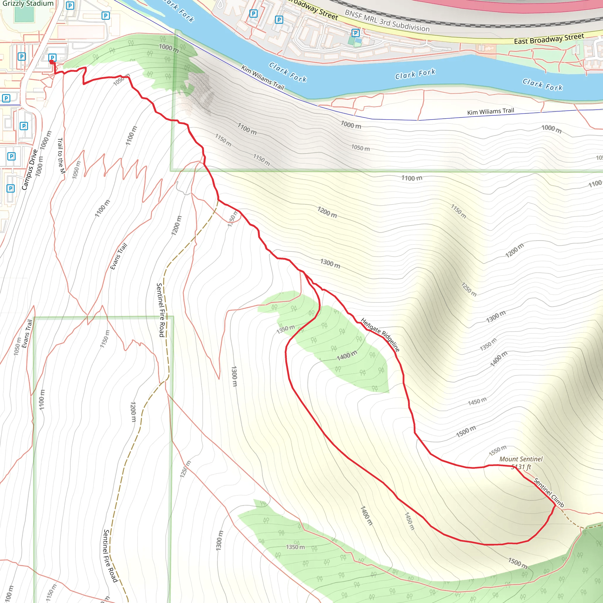 Mount Sentinel via Hellgate Ridgeline Loop mobile static map