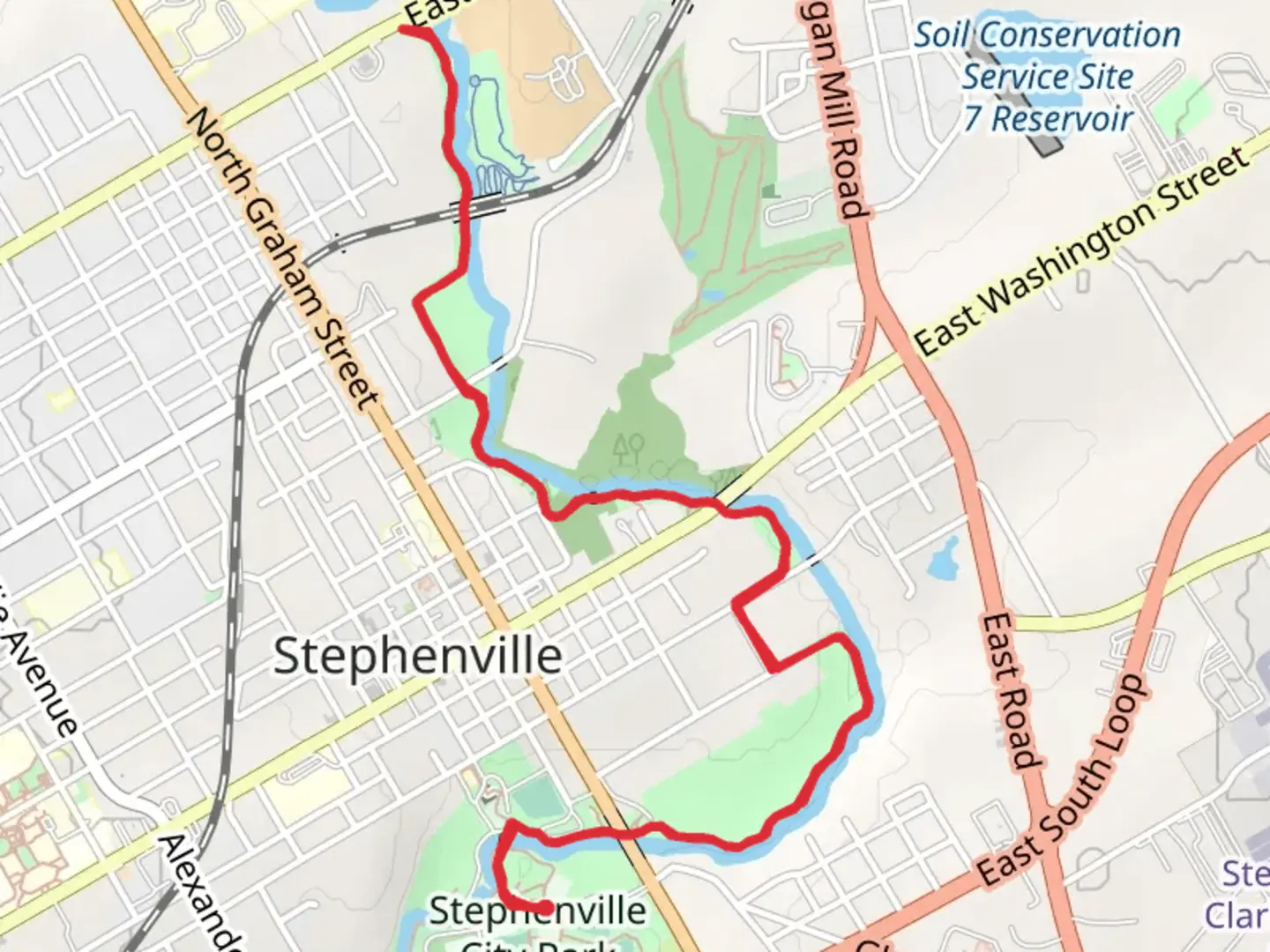 An image depicting the trail Bosque River Trail - Stephenville City Park and its surrounding area.