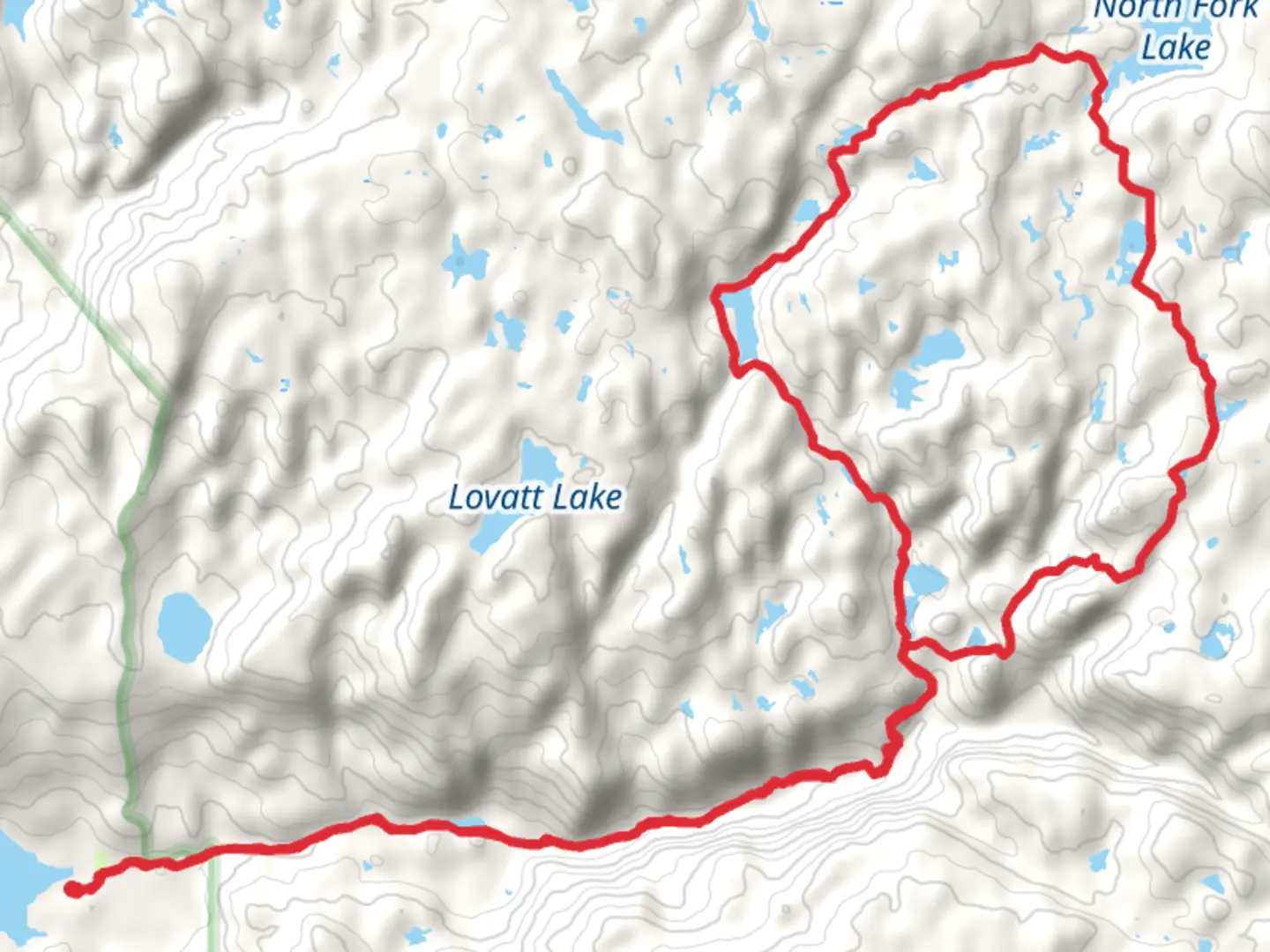 An image depicting the trail Boulder Canyon, Lake Christina, North Fork Lake and Dugway Lake Loop Trail and its surrounding area.