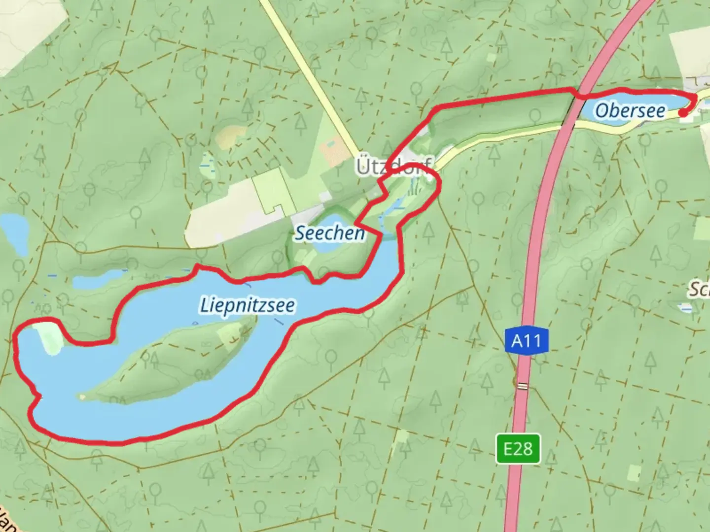 An image depicting the trail Obersee and Liepnitzsee via Liepnitzsee Rundweg and its surrounding area.