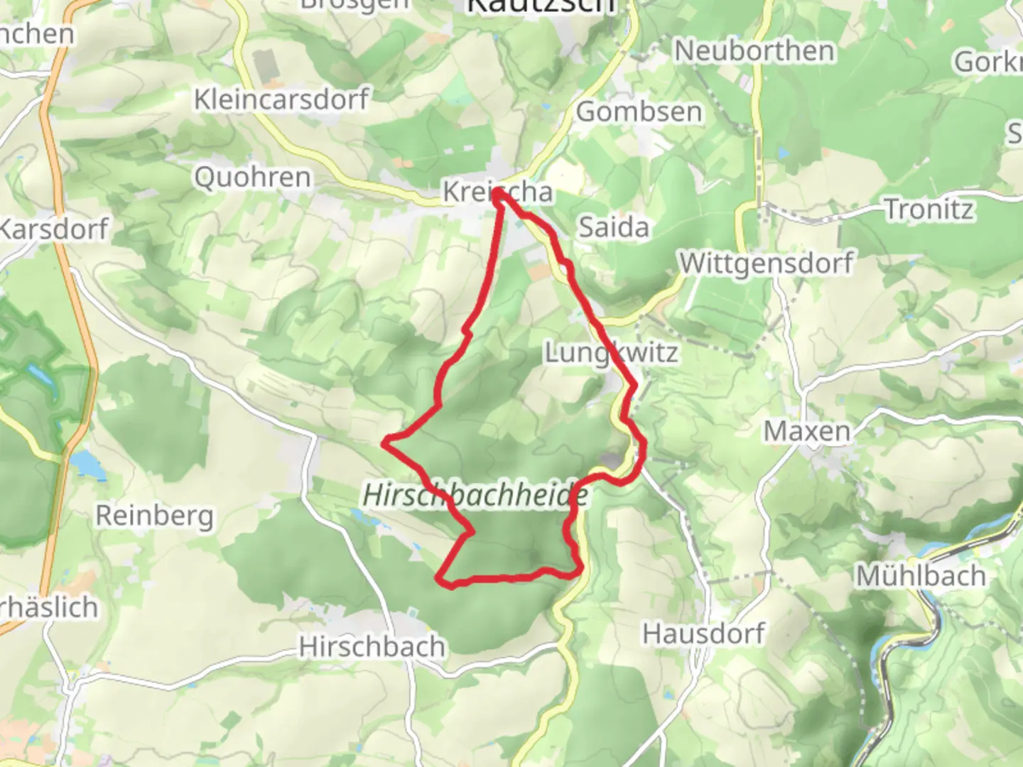 An image depicting the trail Kreischa to Wilisch and Hirschbach Heide Loop and its surrounding area.