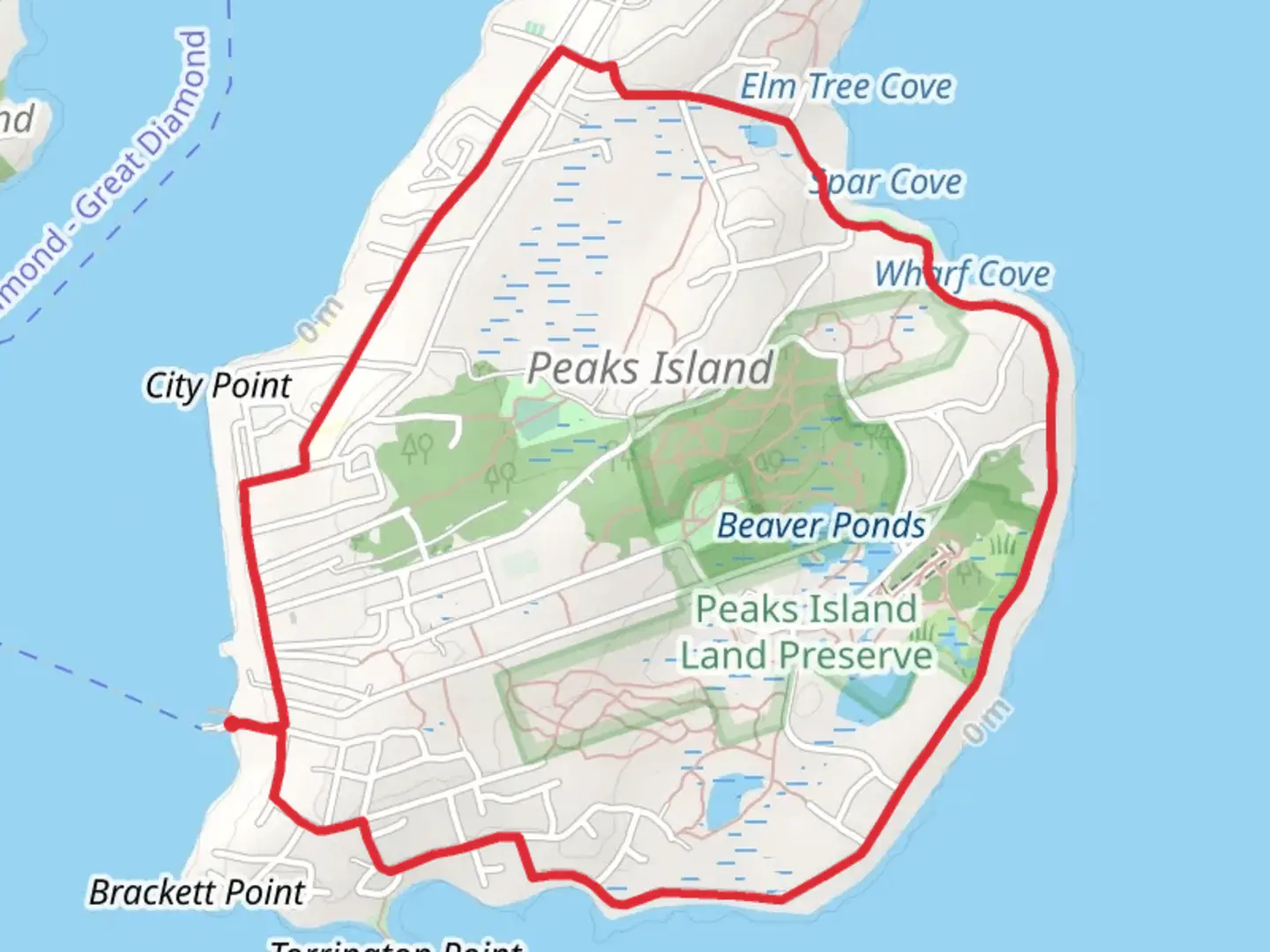An image depicting the trail Peaks Island Loop and its surrounding area.
