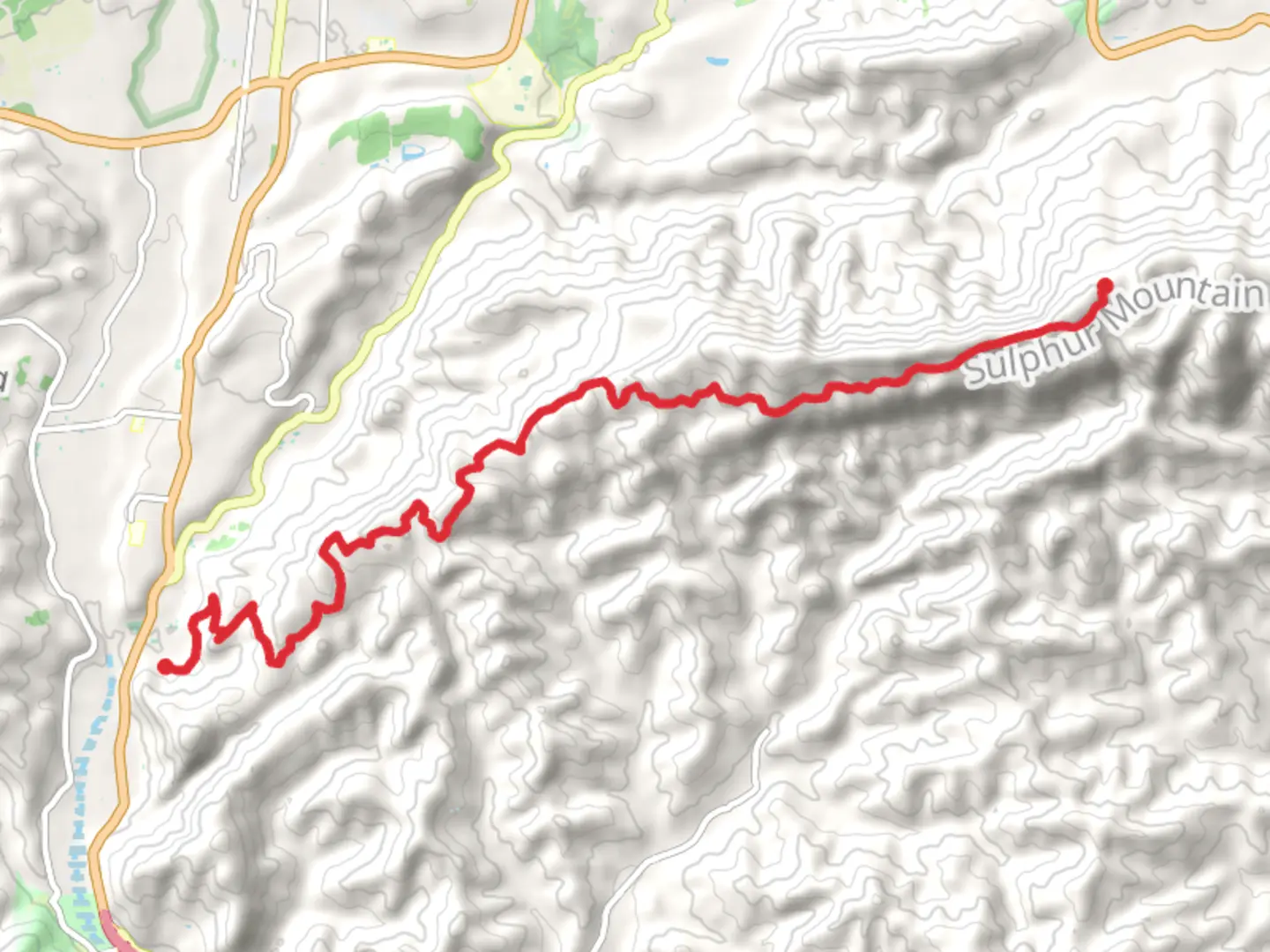 An image depicting the trail Sulphur Mountain Road and its surrounding area.
