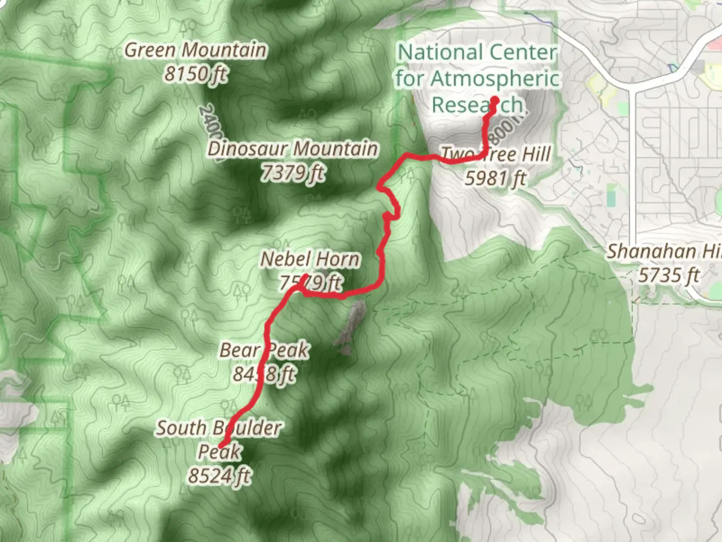 An image depicting the trail South Boulder Peak and Nebel Horn via Bear Canyon - NCAR Trail and its surrounding area.