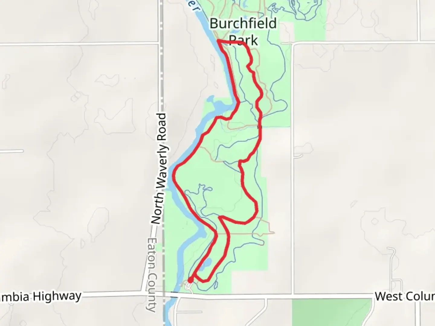 An image depicting the trail Loop Beside Grand River from West Columbia Road and its surrounding area.