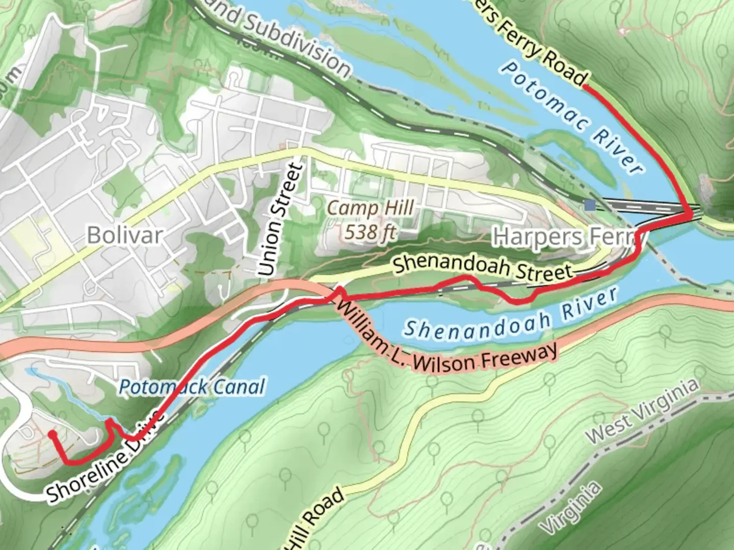 An image depicting the trail Lower Town and River Access Trail and its surrounding area.