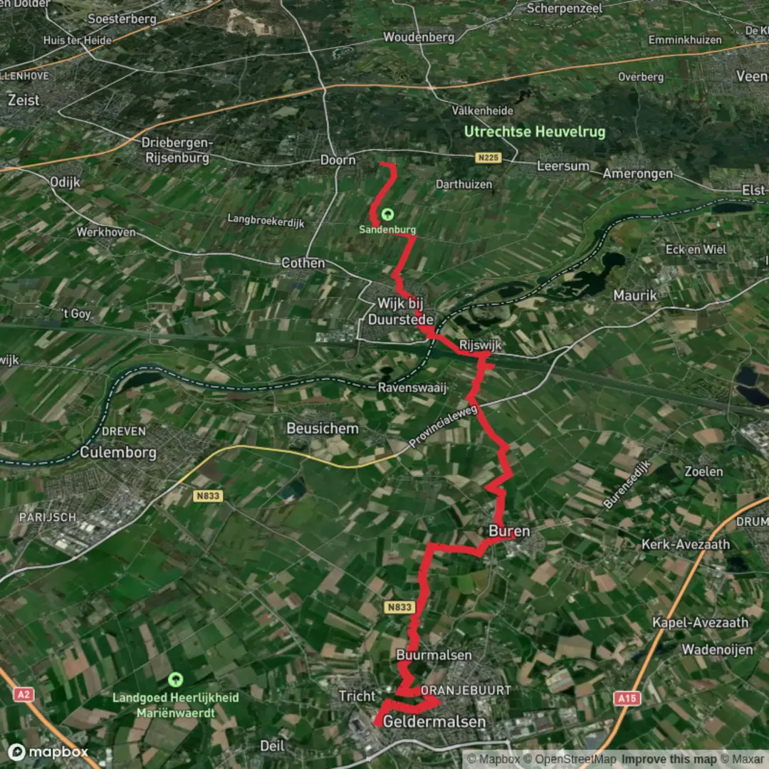 An image depicting the trail Geldermalsen to Doorn via Zandbergse Weg and its surrounding area.