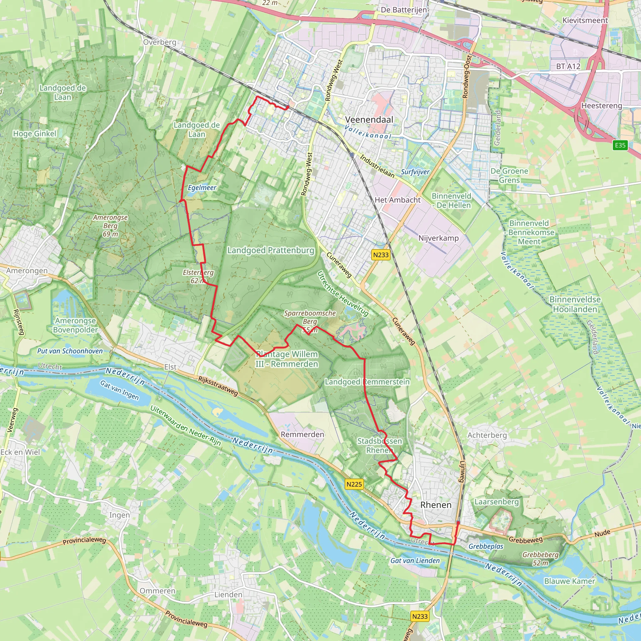 Veenendaal West to Rhenen via Wandeltocht Elsterberg and Trekvogelpad mobile static map