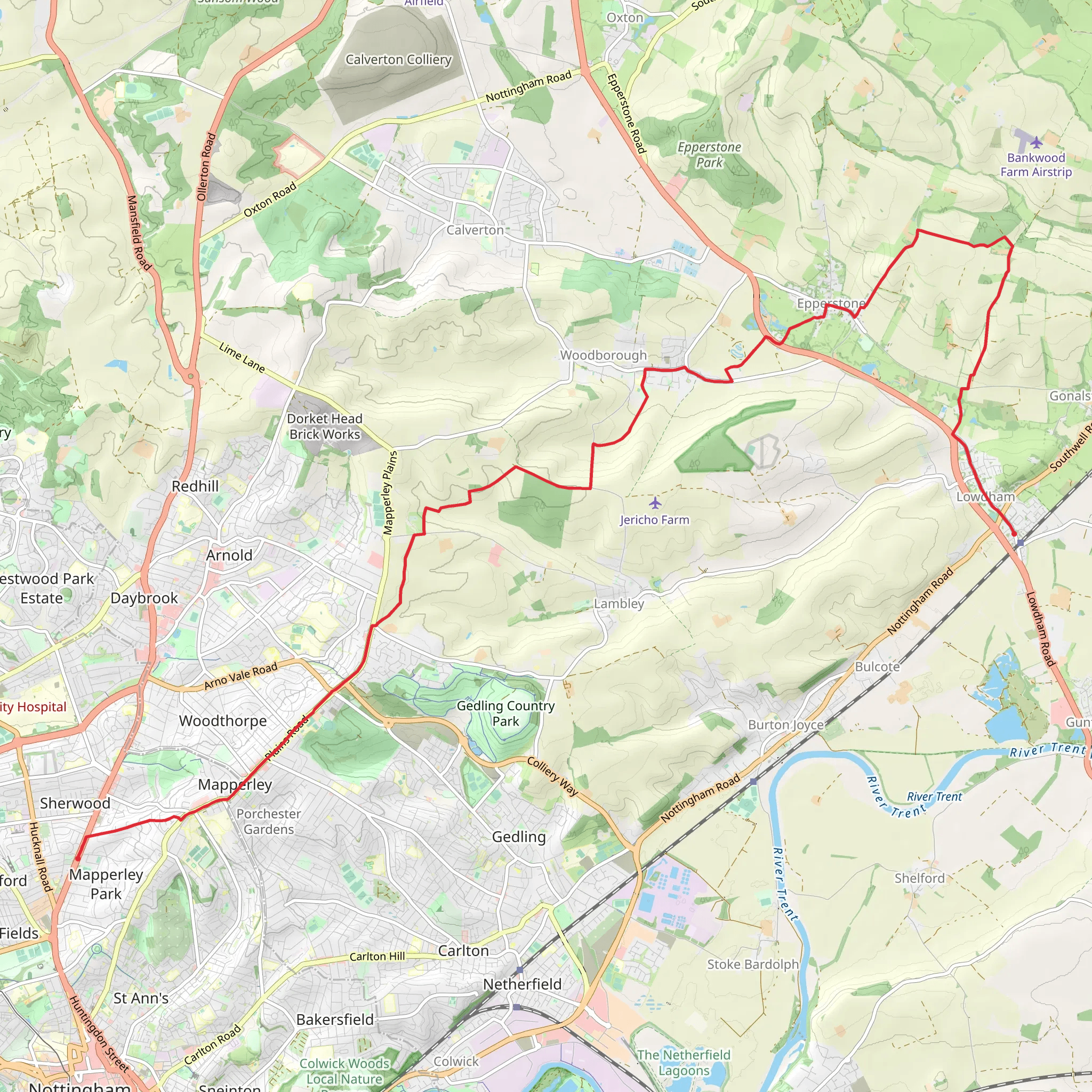 Nottingham to Lowdham Walk mobile static map