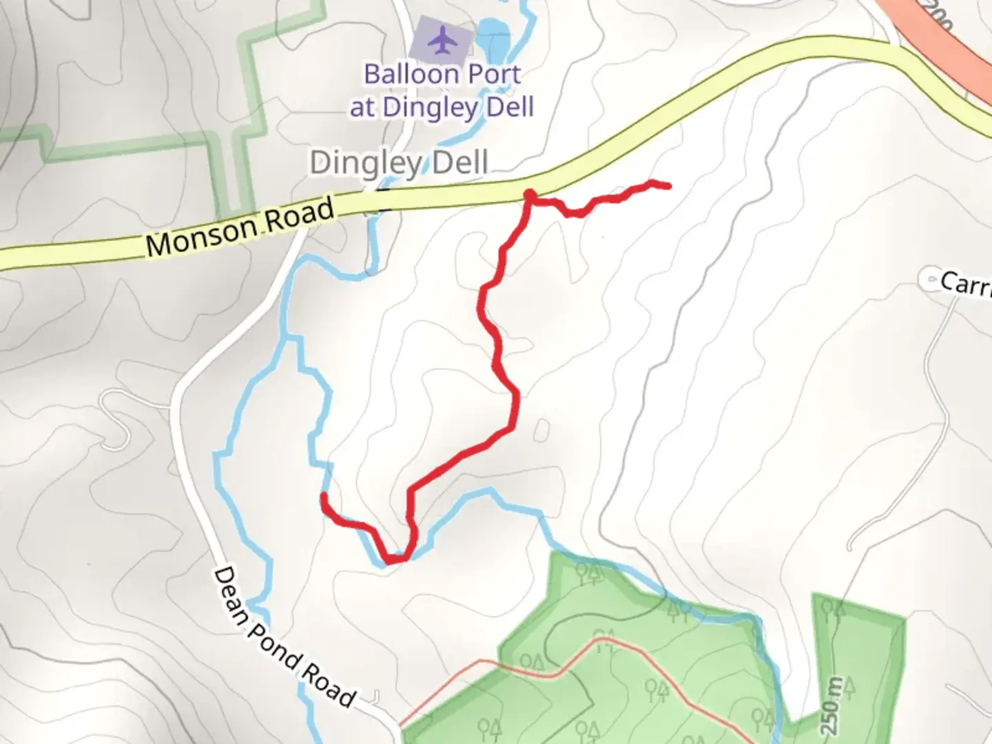 An image depicting the trail Foskett Mill Stream from Monson Road and its surrounding area.