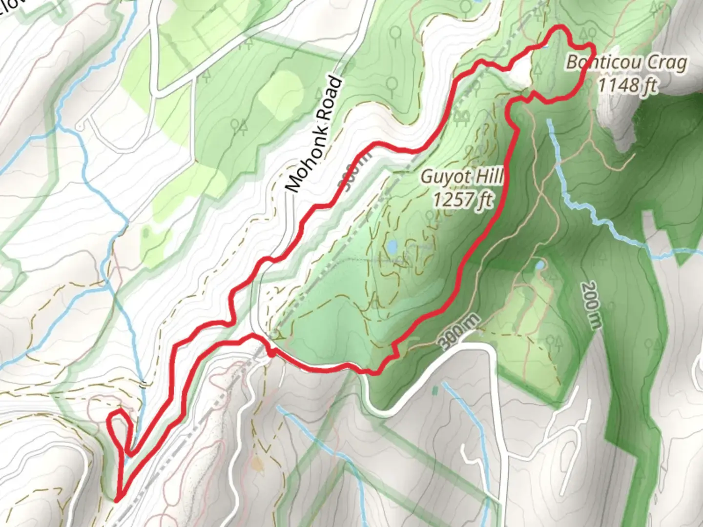 An image depicting the trail Mohonk Golf Course and Bonticou Road Loop Trail and its surrounding area.