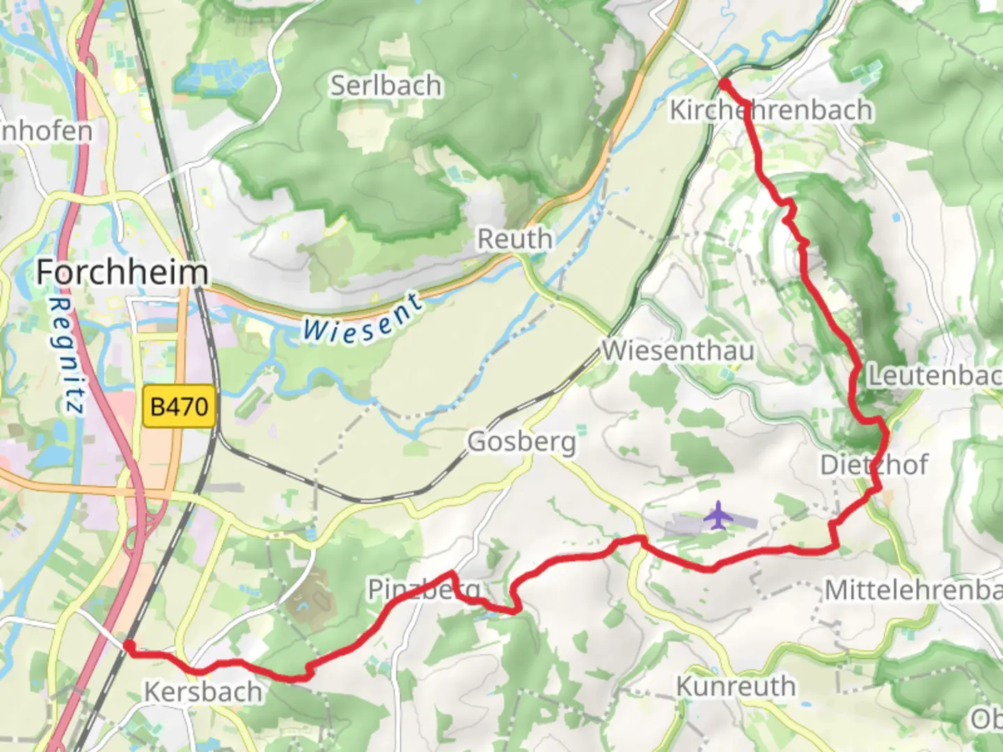 An image depicting the trail Kersbach to Kirchehrenbach Walk and its surrounding area.