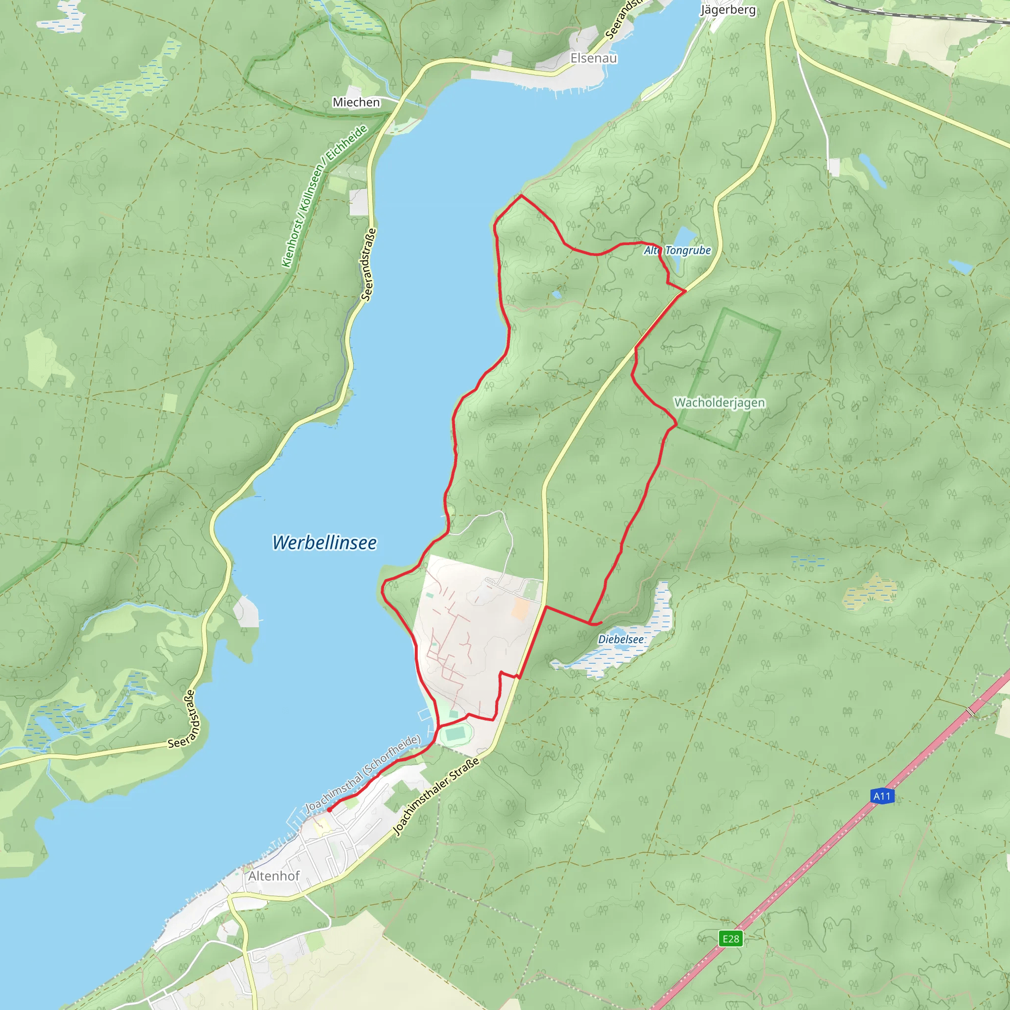 Werbellinsee, Werbelliner Berge and Diebelsee Scenic Loop - Altenhof mobile static map