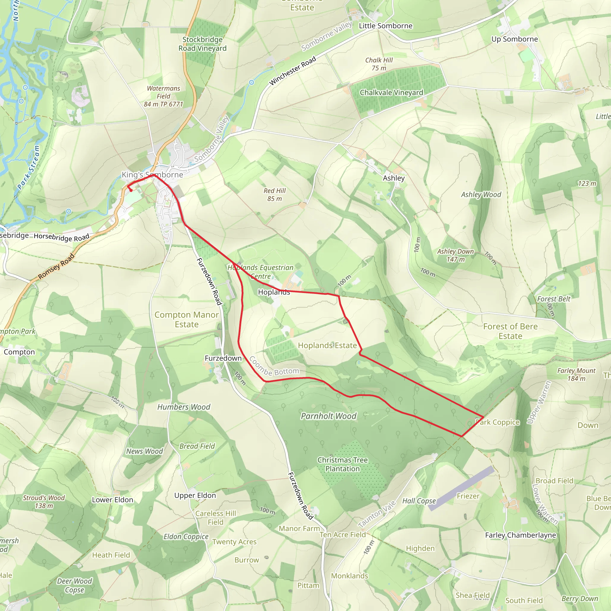 Hoplands Estate and Parnholt Wood Loop - King's Somborne mobile static map