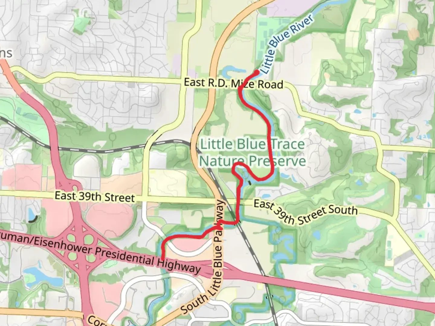 An image depicting the trail Little Blue Trace Trail - Necessary Road and its surrounding area.