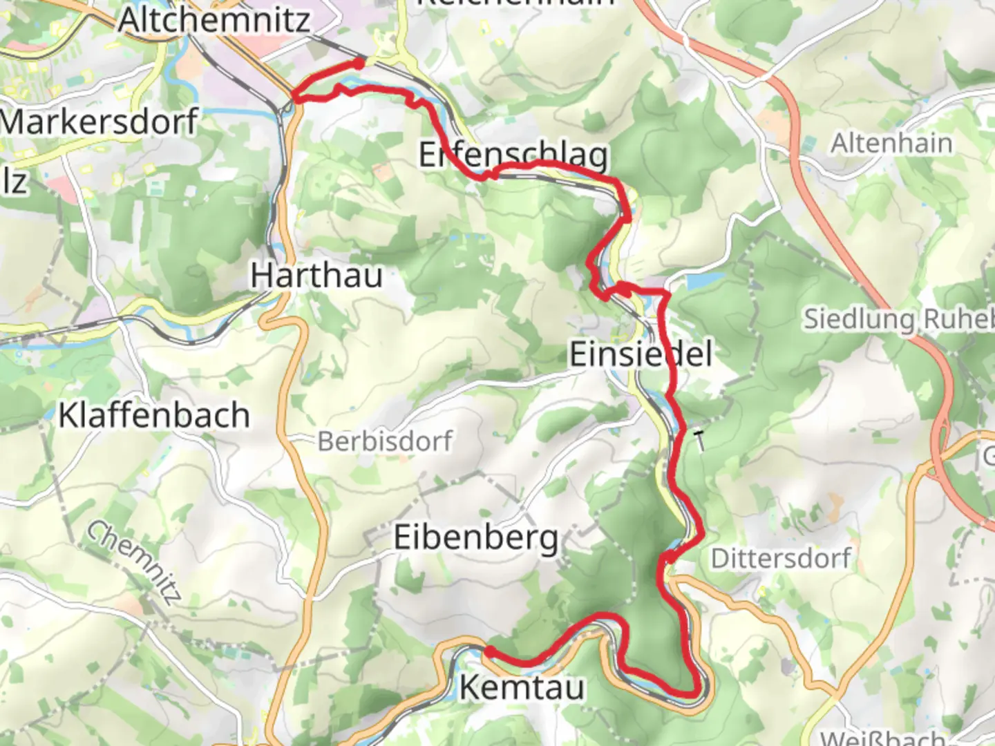 An image depicting the trail Chemnitz Reichenhain to Kemtau Walk and its surrounding area.