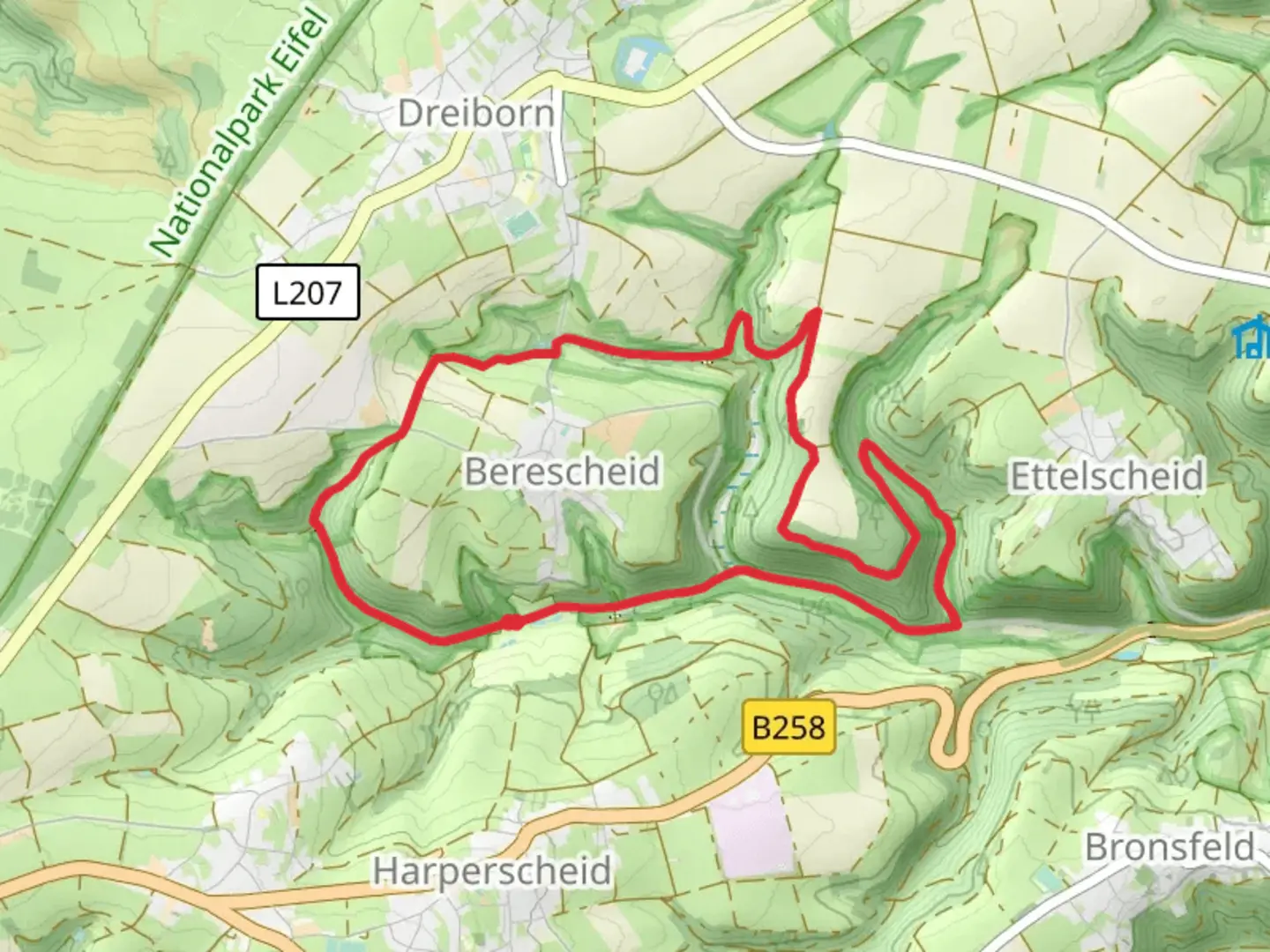An image depicting the trail Schafbachmühle, Meiling and Berescheid Loop and its surrounding area.
