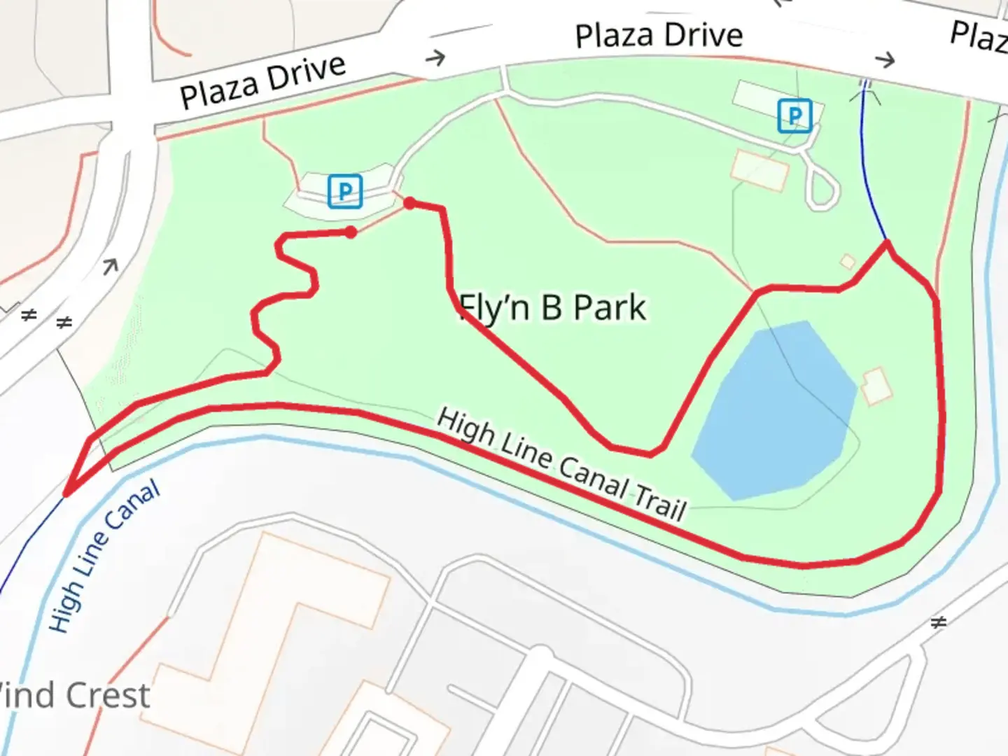 An image depicting the trail Fly'n B Park Loop viaHigh Line Canal Trail and its surrounding area.