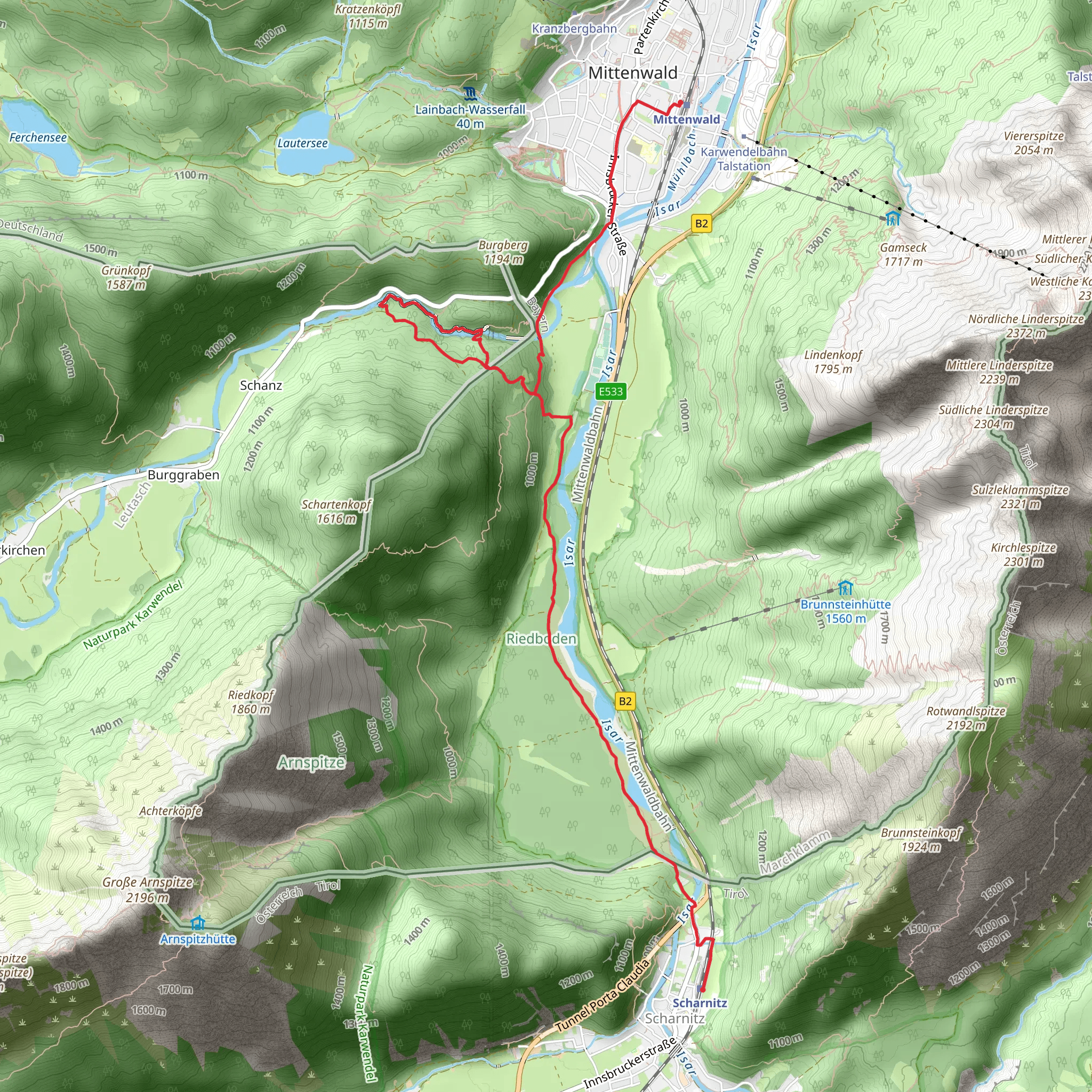 Mittenwald to Scharnitz Walk via Leutasch Gorge mobile static map