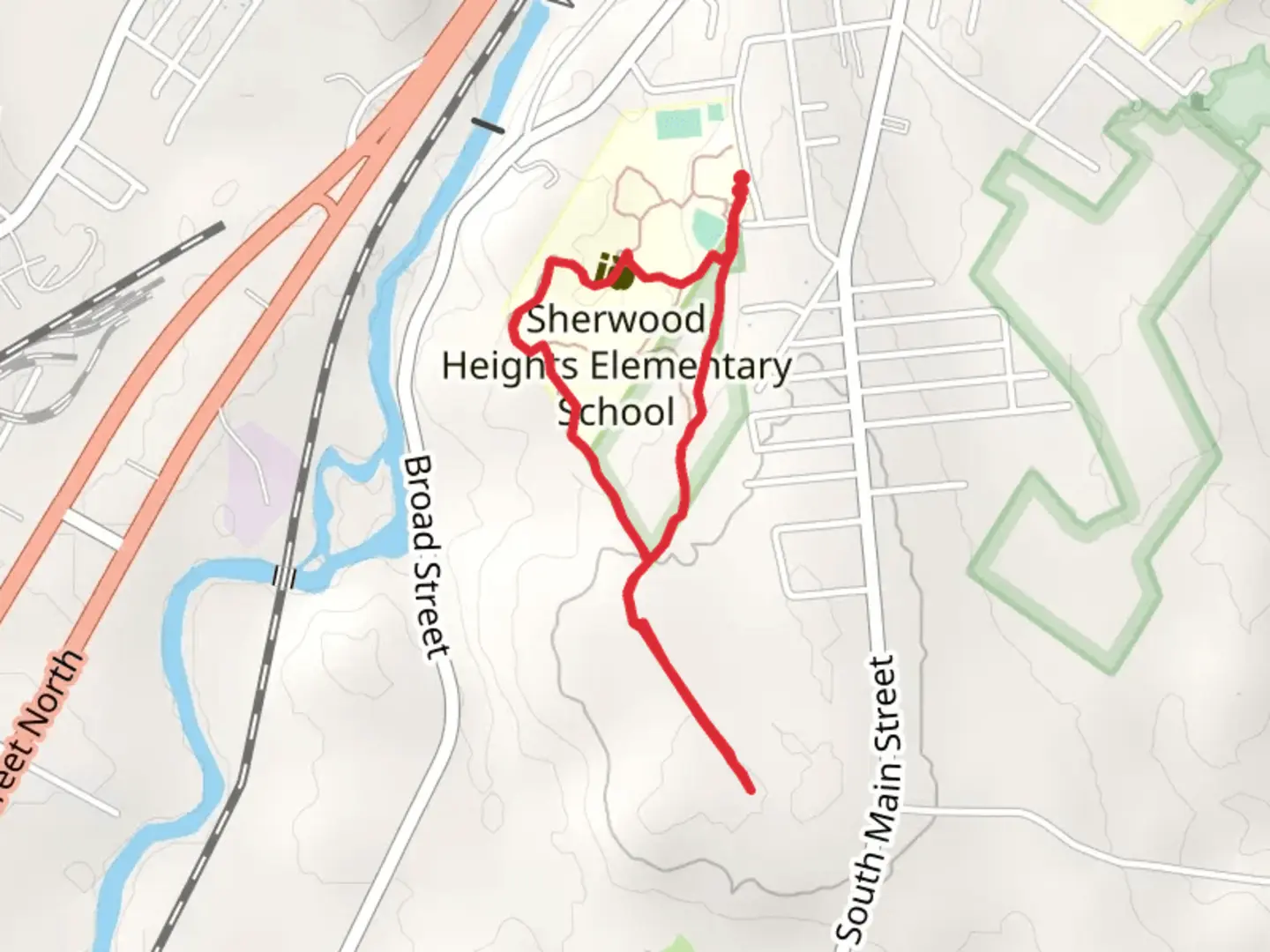 An image depicting the trail Sherwood Forest Trail Loop from Sherwood Drive and its surrounding area.