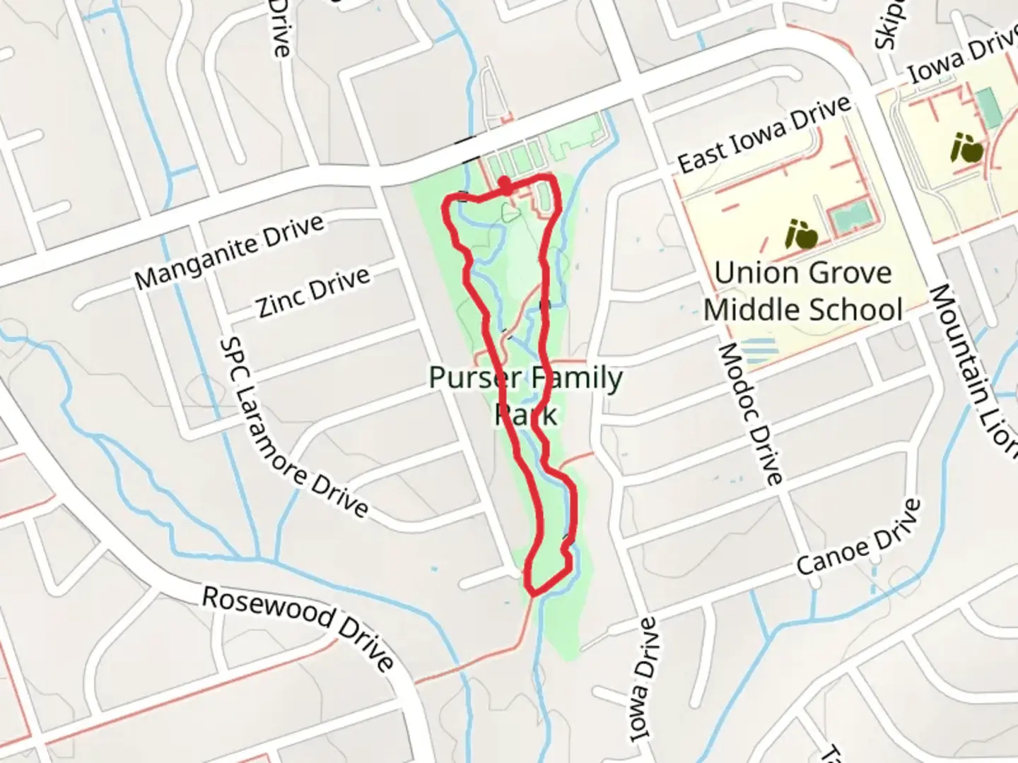 An image depicting the trail Purser Family Park Loop and its surrounding area.
