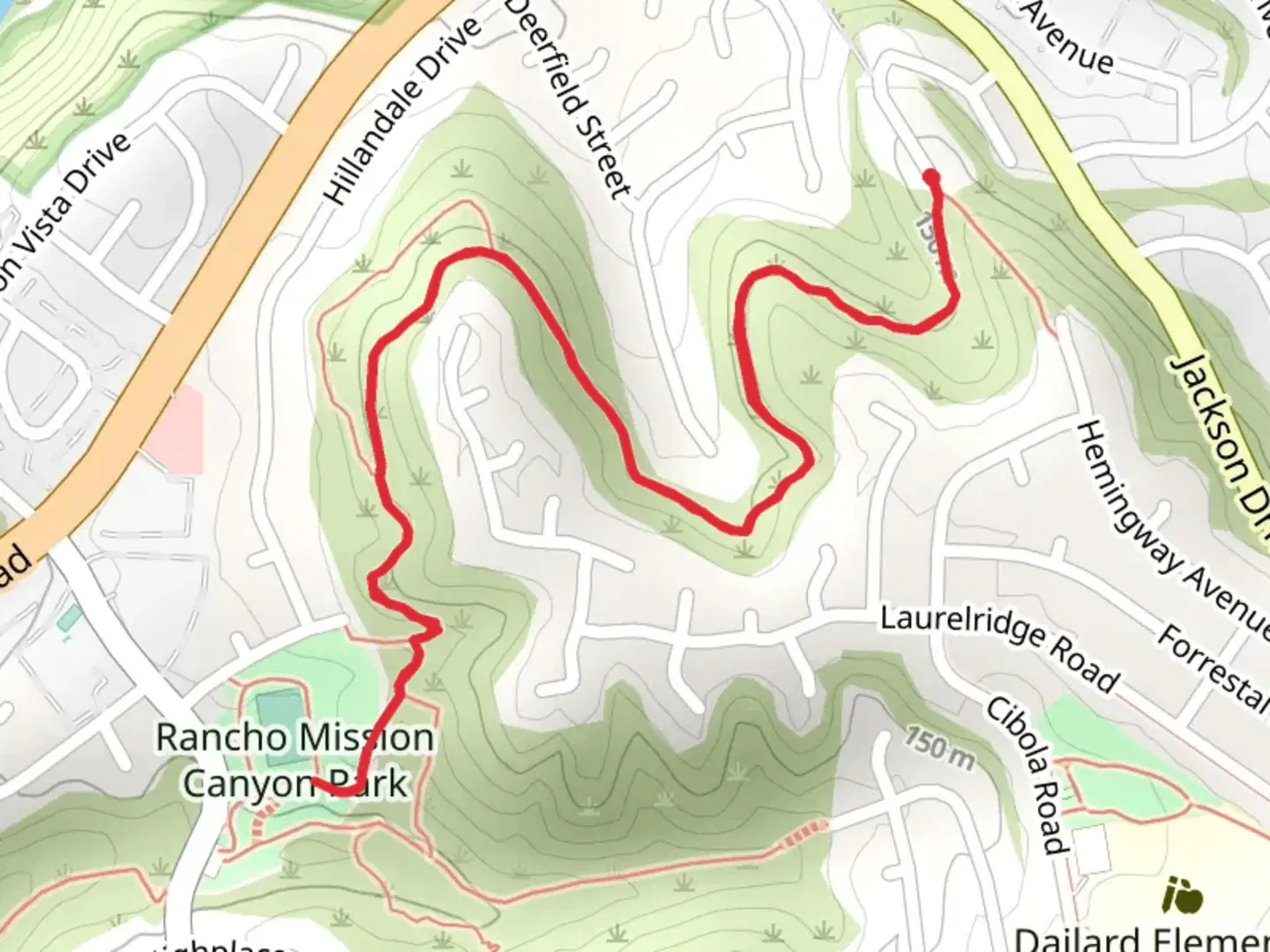 An image depicting the trail Hemingway - Rancho Mission Footpath and Rancho Mission Canyon Park and its surrounding area.