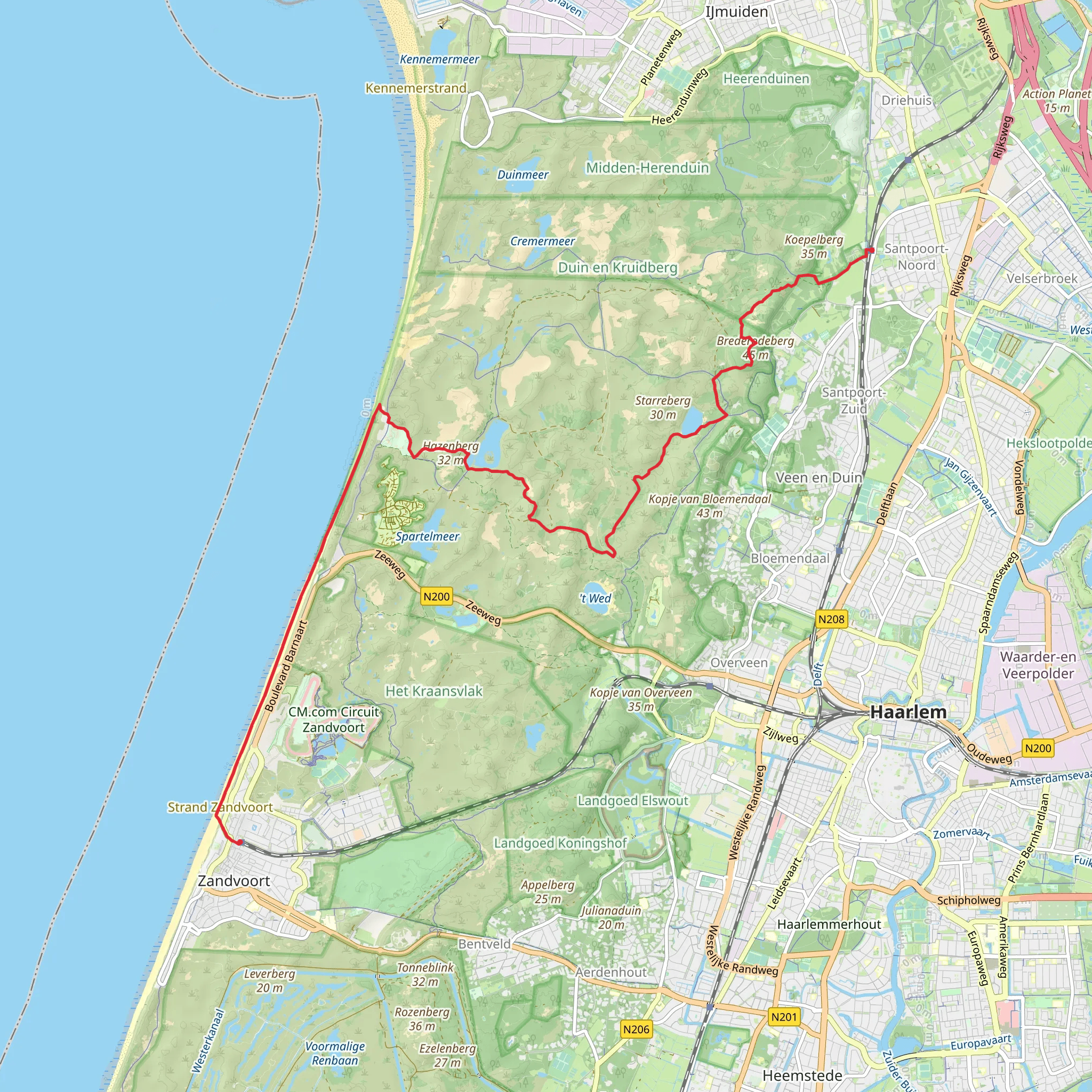 Santpoort Noord to Zandvoort aan zee via Brederodeberg and Vogelmeer mobile static map