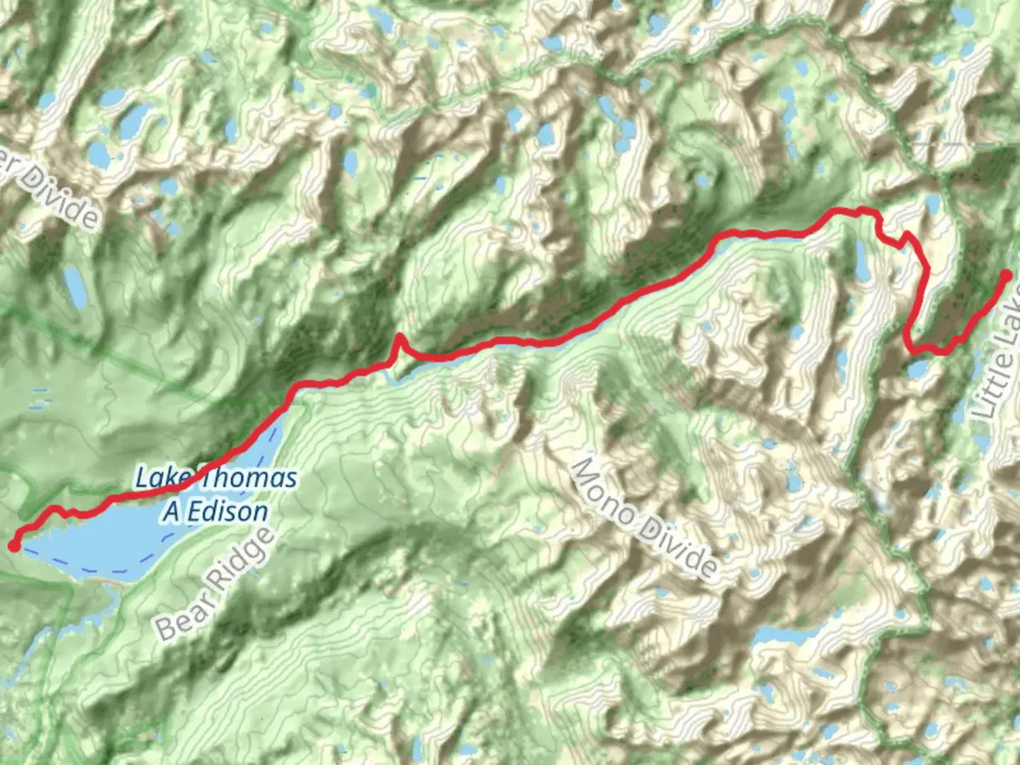 An image depicting the trail Lake Thomas A Edison, Mono Creek and Ruby Lake Trail and its surrounding area.