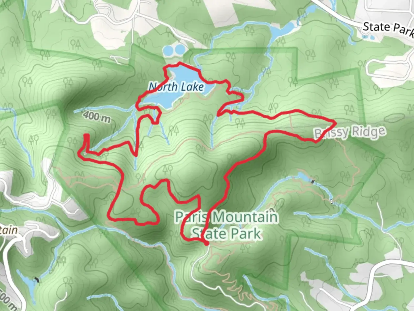 An image depicting the trail Kanuga, North Lake and Brissy Ridge Loop Trail and its surrounding area.
