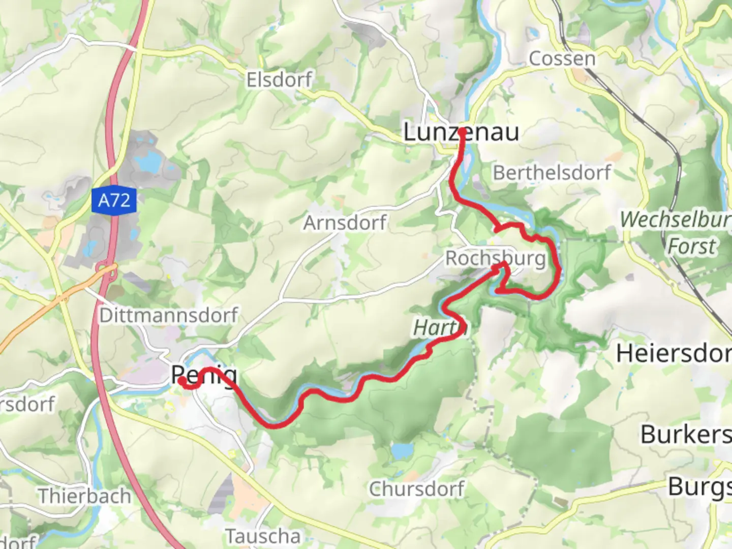 An image depicting the trail Penig to Lunzenau via Muldental Wanderweg and its surrounding area.