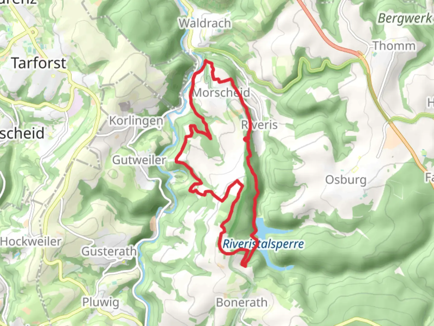 An image depicting the trail Riveristalsperre, Burg Sommerau and Morscheid Loop and its surrounding area.