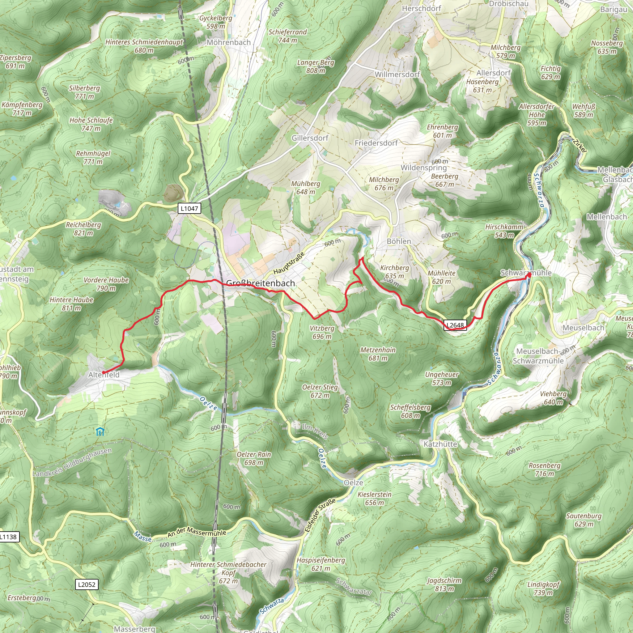 Altenfeld to Schwarzmuehle via Hirschgrund mobile static map