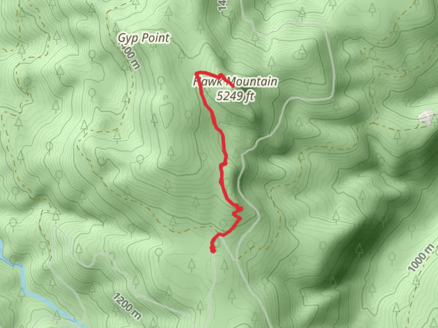 An image depicting the trail Hawk Mountain via Rhododendron Ridge Trail and its surrounding area.
