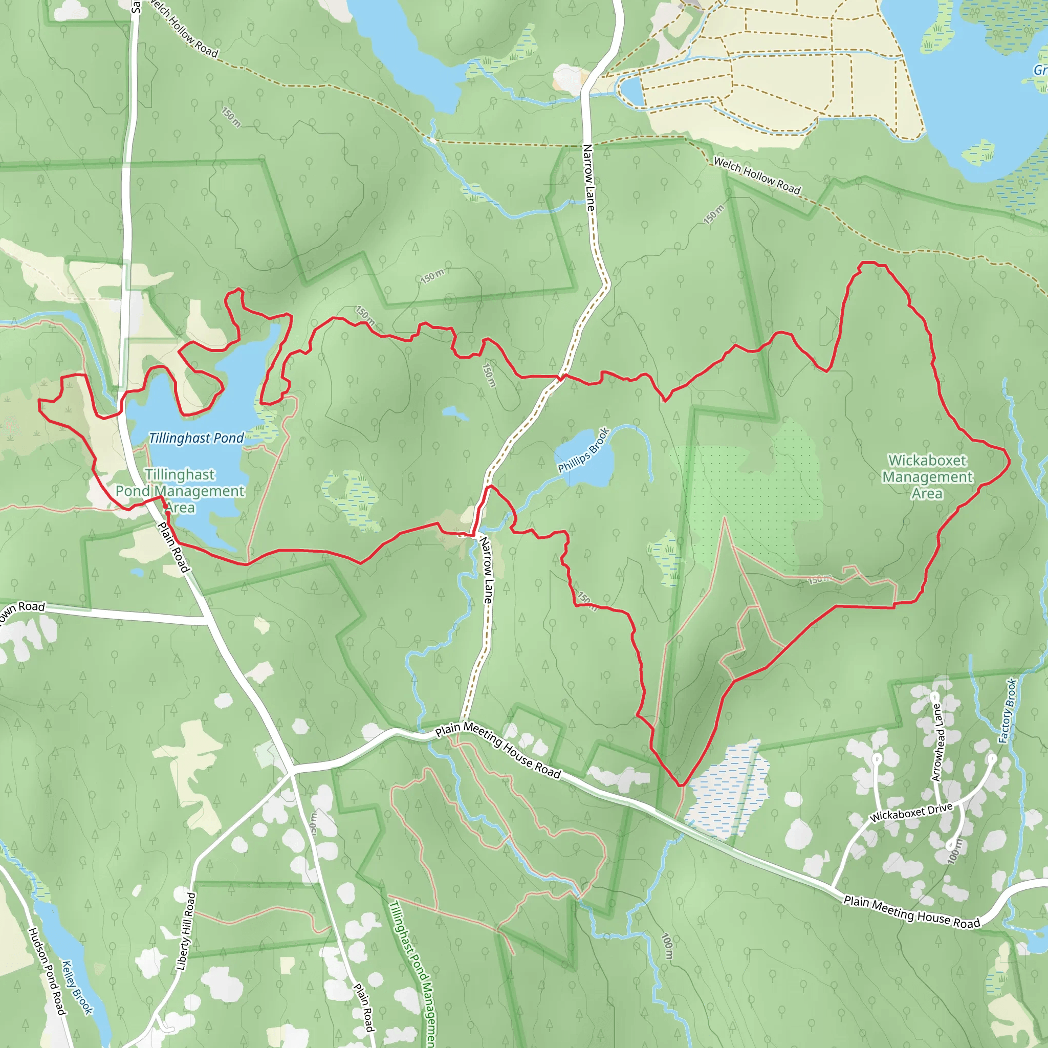 Tillinghast Pond Trail and Wickaboxet Loop Trail mobile static map