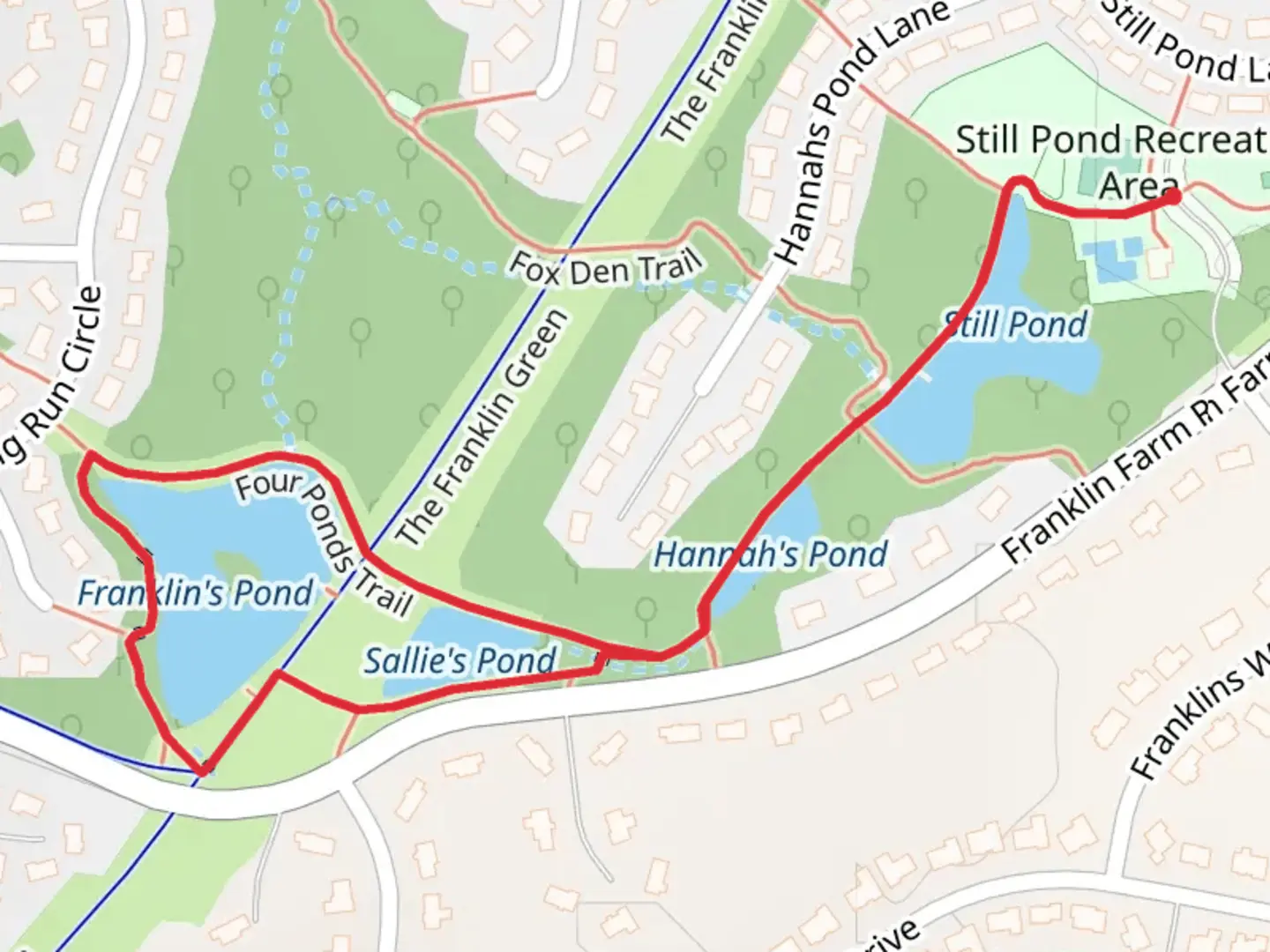 An image depicting the trail Franklin's Pond Loop via Four Ponds Trail and its surrounding area.