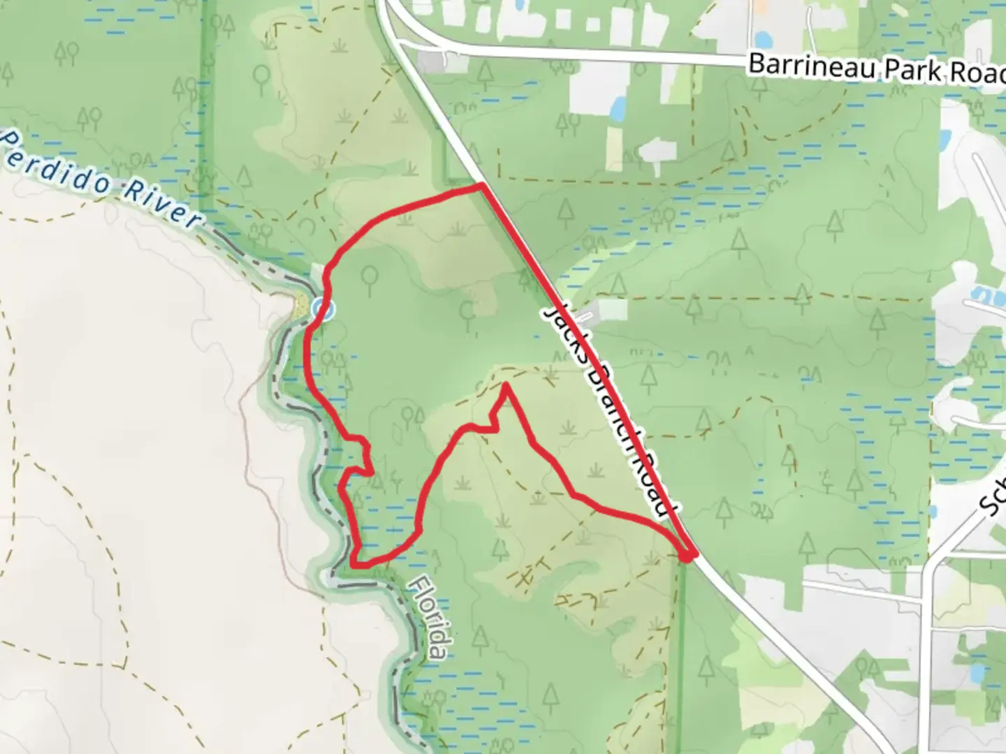 An image depicting the trail Lathram Chapel Cemetery and Perdido River Loop and its surrounding area.