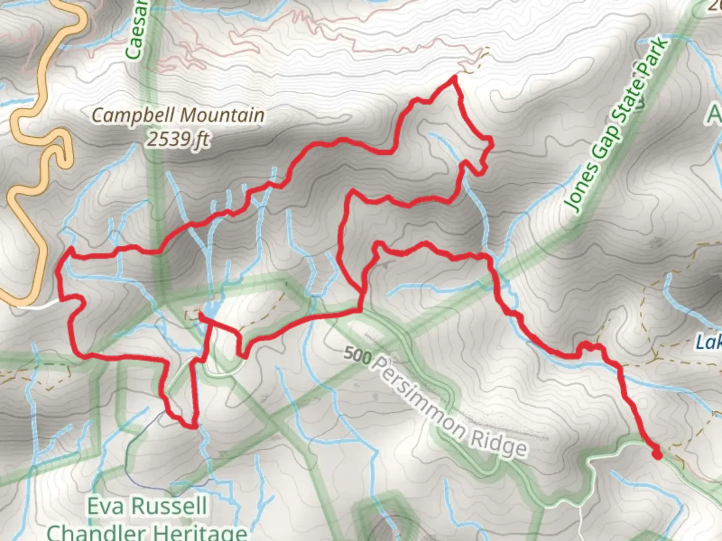 An image depicting the trail Upper Gap and Slickum Creek Loop via Mountain Bridge Passage Trail and its surrounding area.