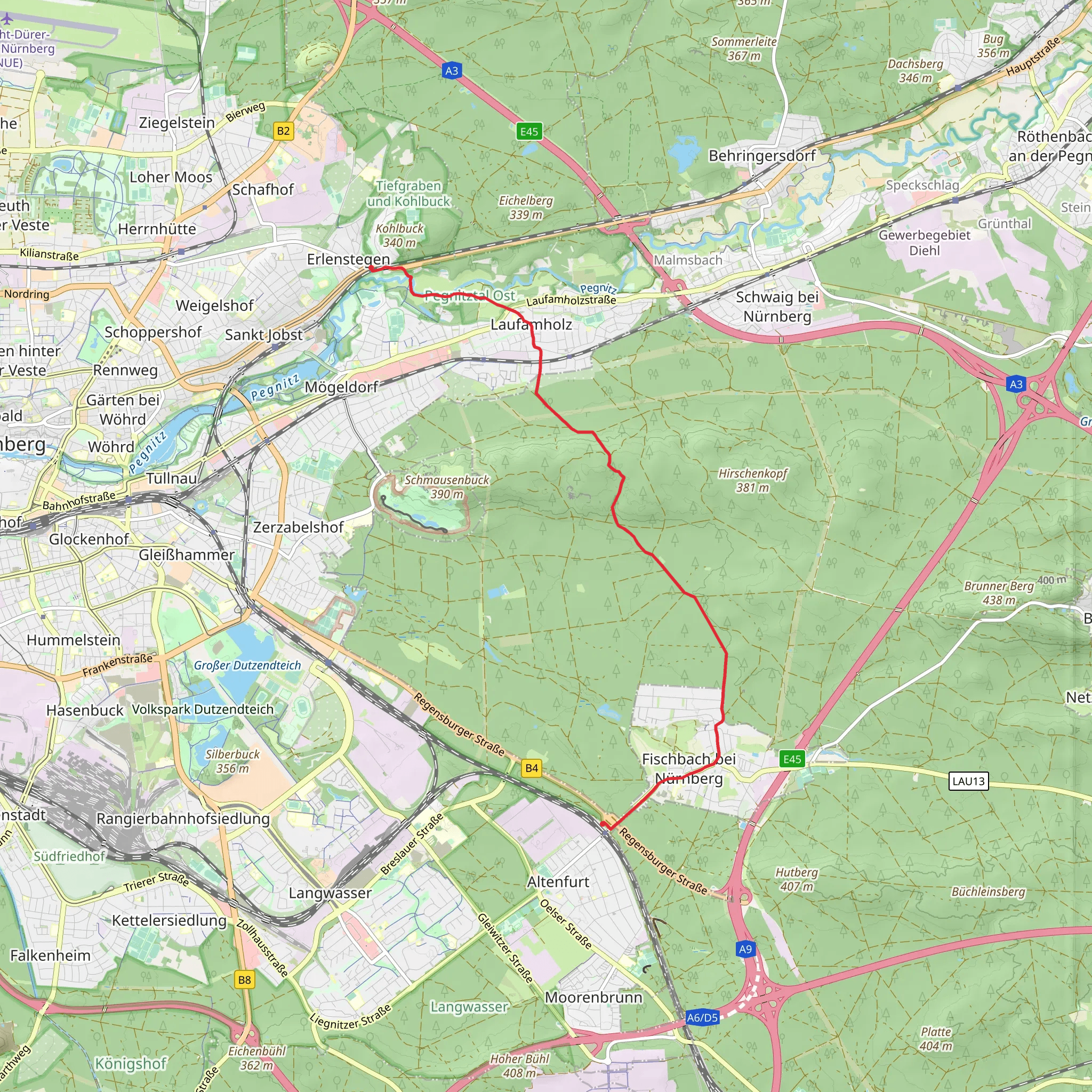 Erlenstegan to Fischbach via Nuernberg Erlenstegen mobile static map