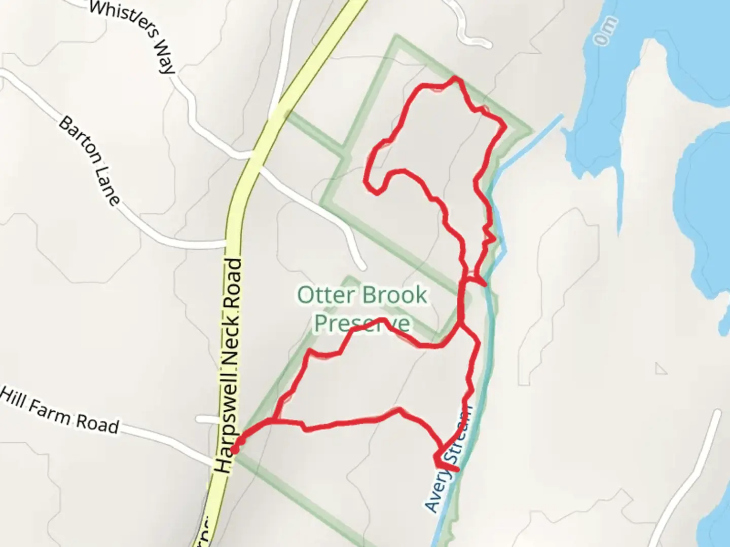An image depicting the trail Avery Stream from Harpswell Neck Road and its surrounding area.