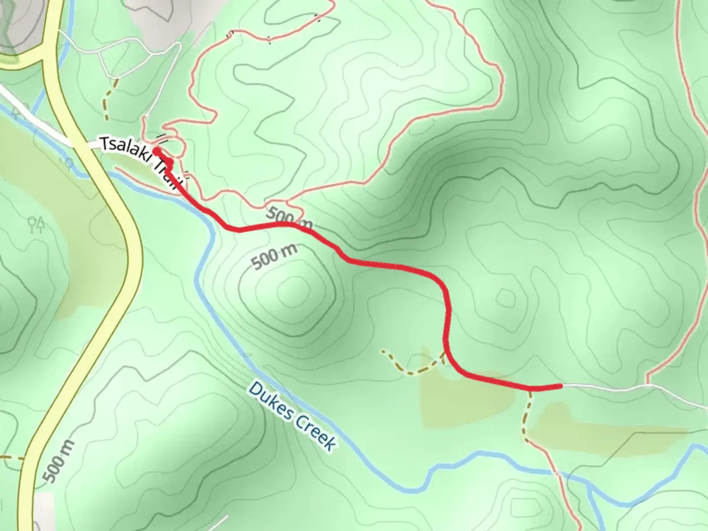 An image depicting the trail Tsalaki Trail Out and Back and its surrounding area.