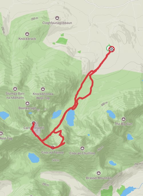 Carrountohill via Devil’s Ladder and back by Cnoc na Toinne including Cronins  Yard Loop  mobile static map