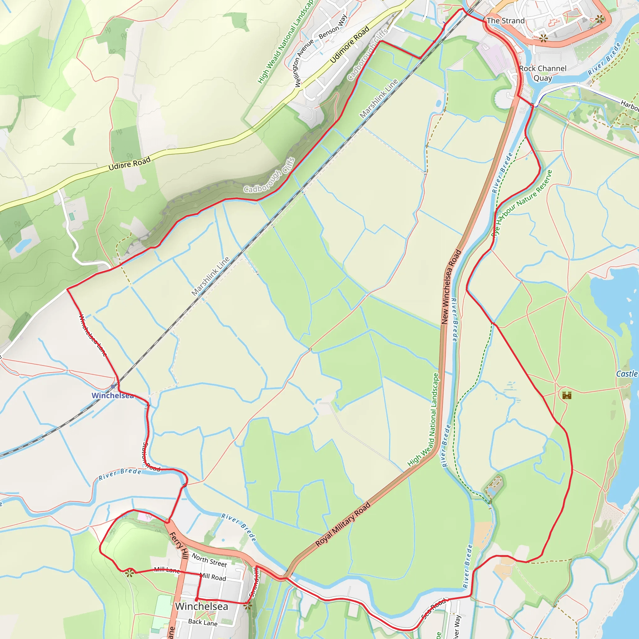 Winchelsea to Rye Circular Walk via River Brede mobile static map