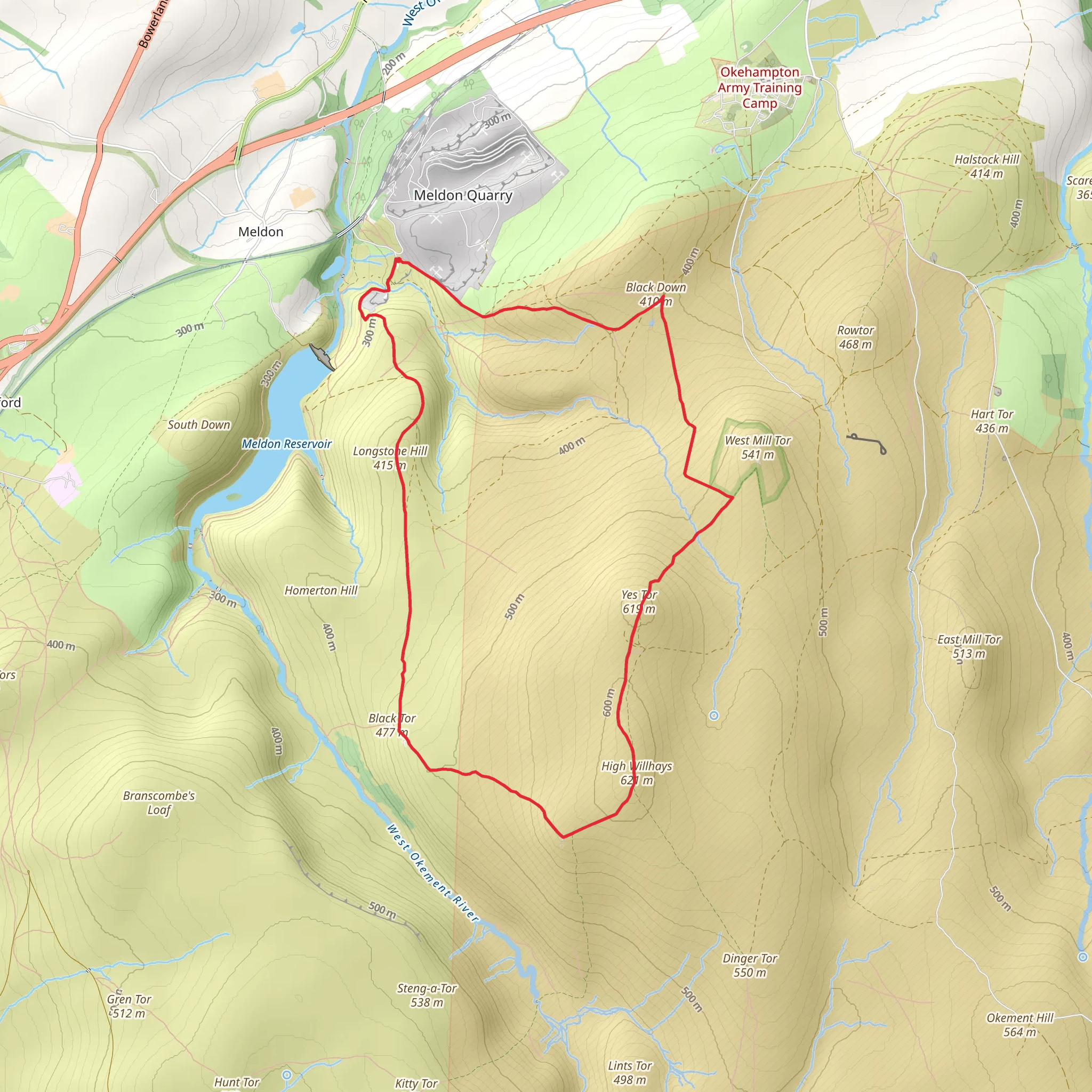 Longstone Hill, High Willhays and Yes Tor Loop - Meldon mobile static map