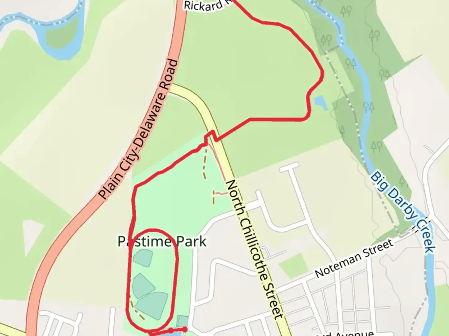 An image depicting the trail Pastime Park Loop and its surrounding area.
