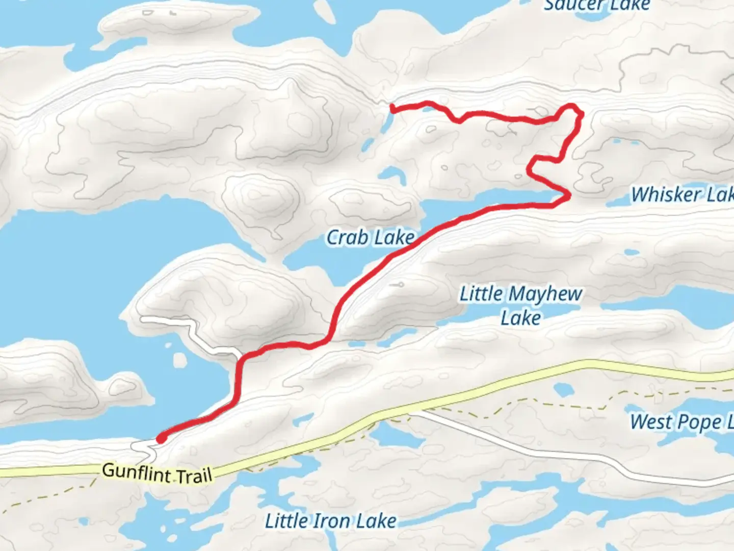 An image depicting the trail Crab Lake spur Out and Back and its surrounding area.