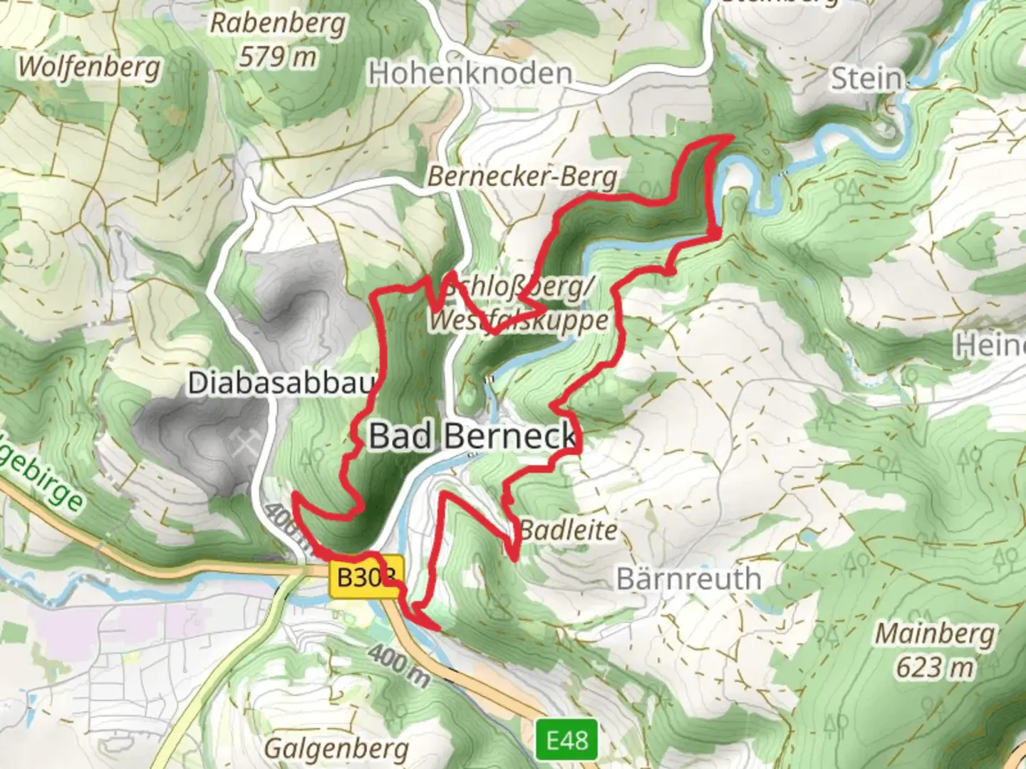 An image depicting the trail Hohe Warte via Bad Berneck and its surrounding area.